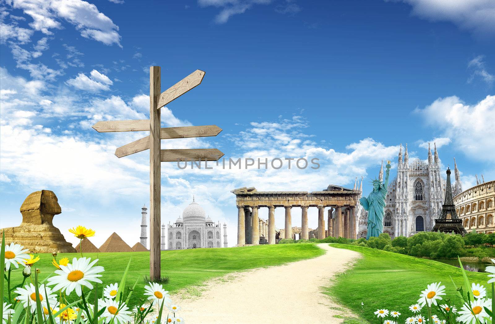 World landmarks with direction panel in he grassland with blue sky and clouds in the background