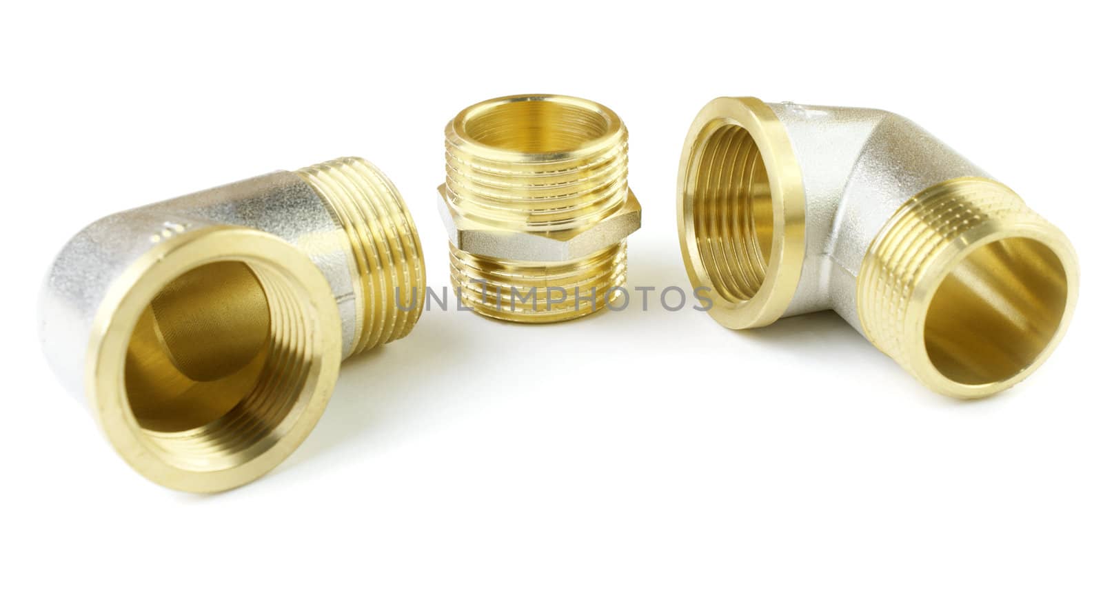 Three brass threaded details on a white background