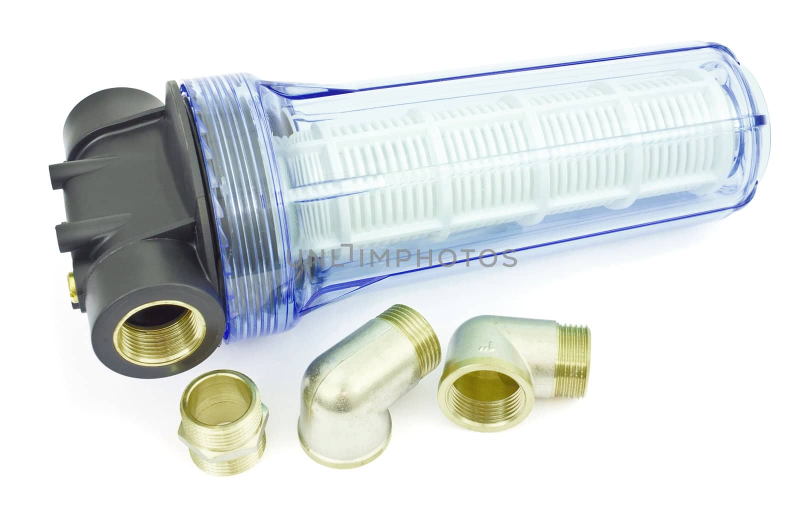 Filter for water with a transparent housing on a white background
