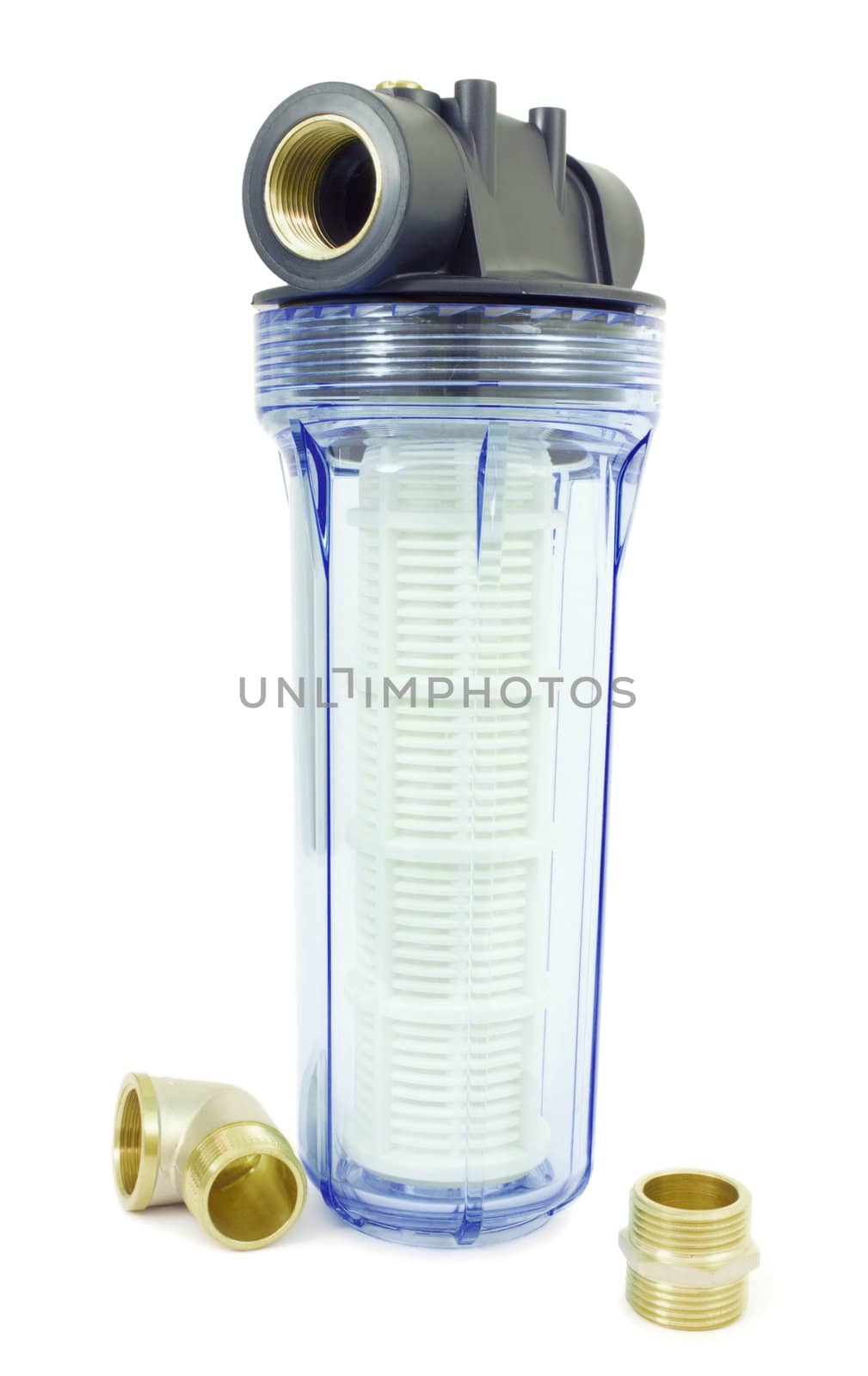 Filter for water with a transparent housing on a white background
