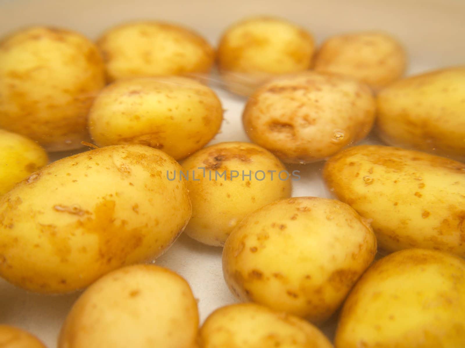 Closeup of potatoes boiling in a kettle by Arvebettum