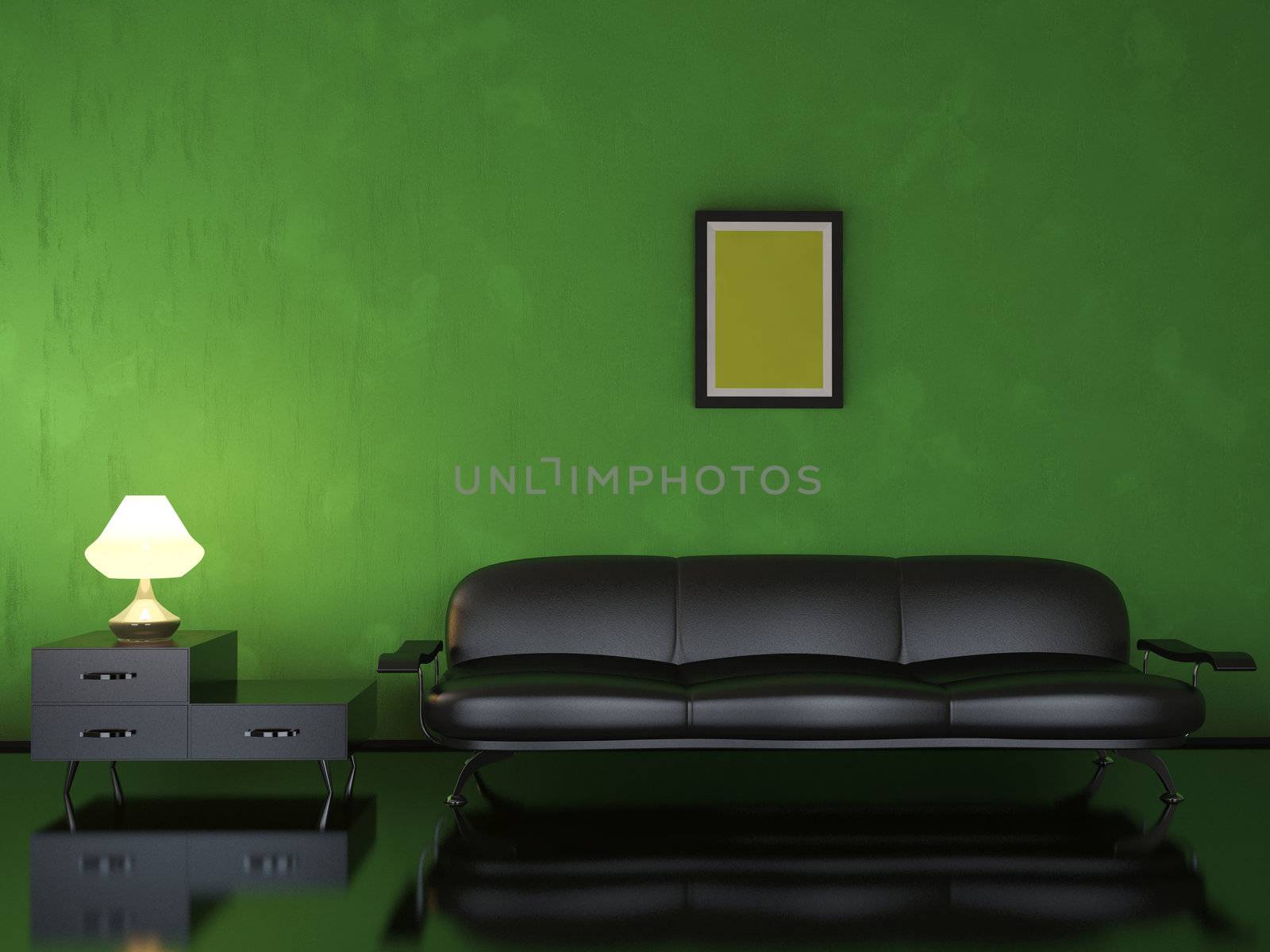 Interior of a room with a leather black sofa