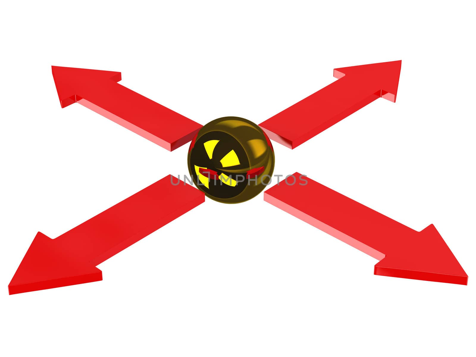 Gold sphere and four red arrows on a white background