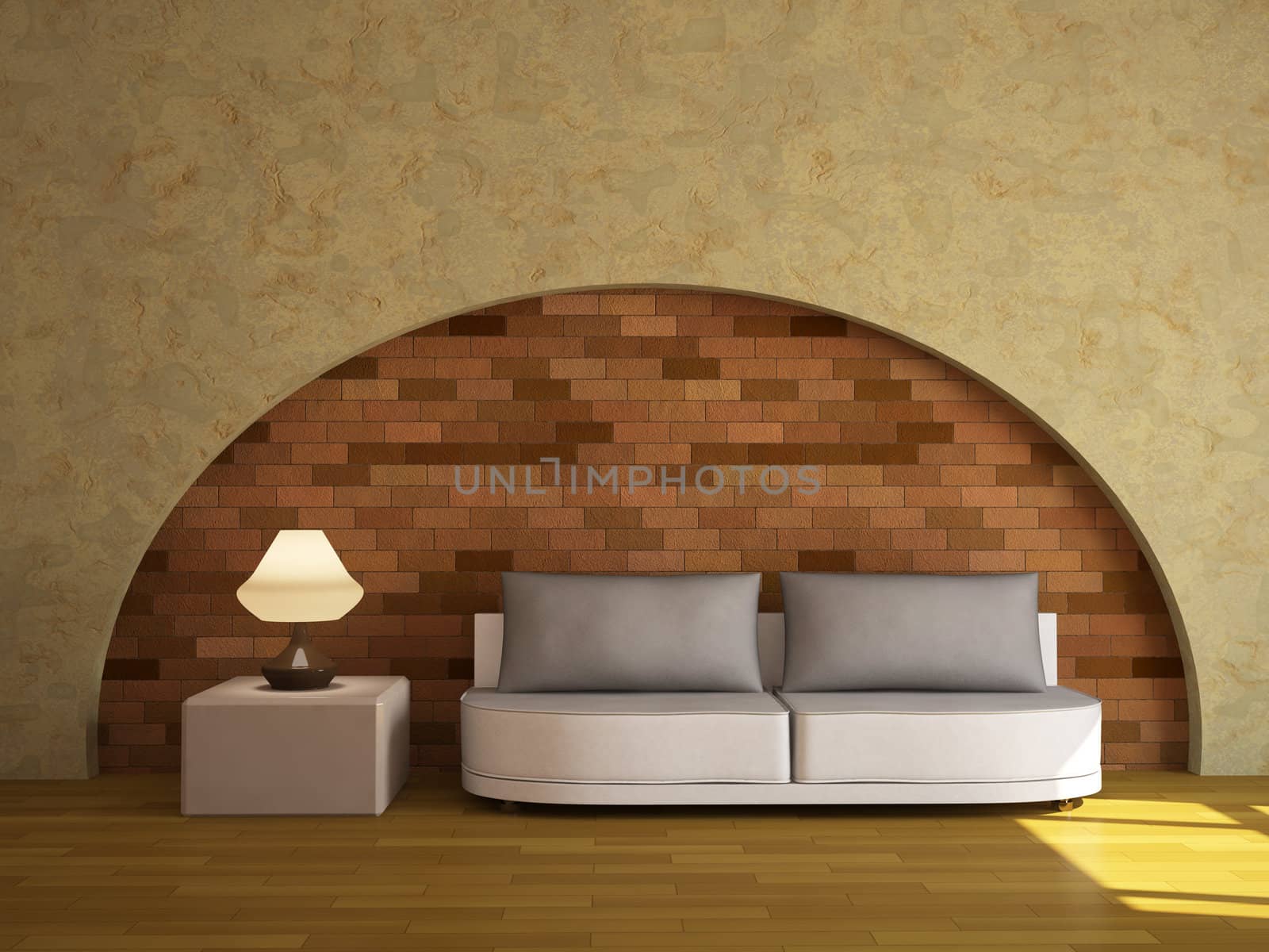 Interior with a sofa and a lamp