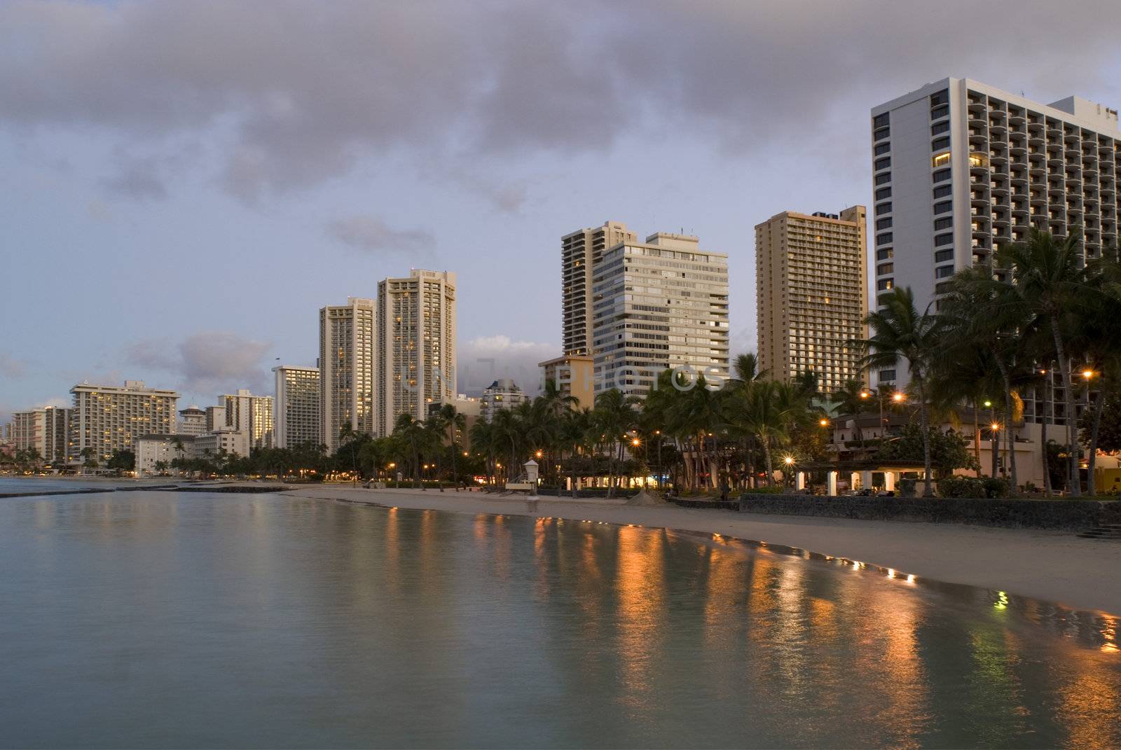 Sunrise over the resort hotels blocks at Waikiki beach, Honolulu, Hawaii.