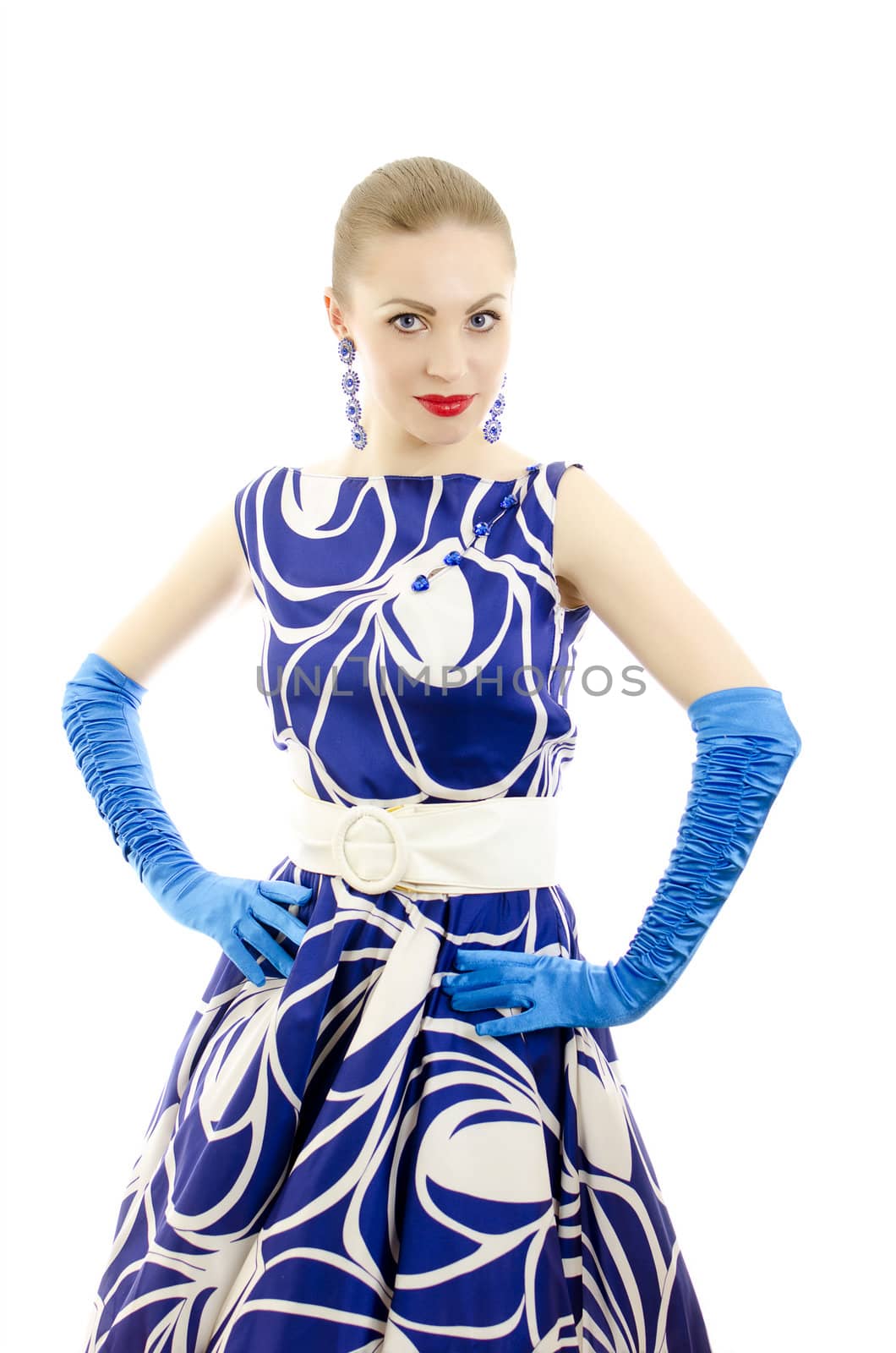 Woman in retro style posing. Isolated over white background.
