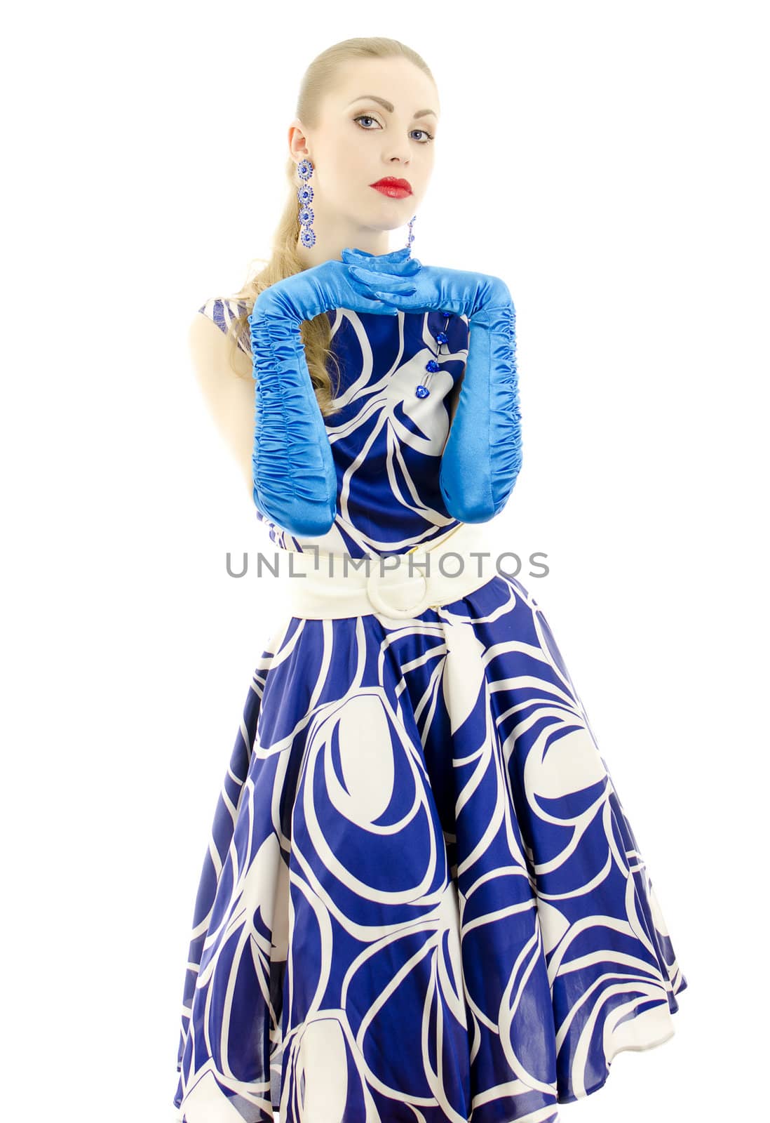 Woman in retro style posing. Isolated over white background.