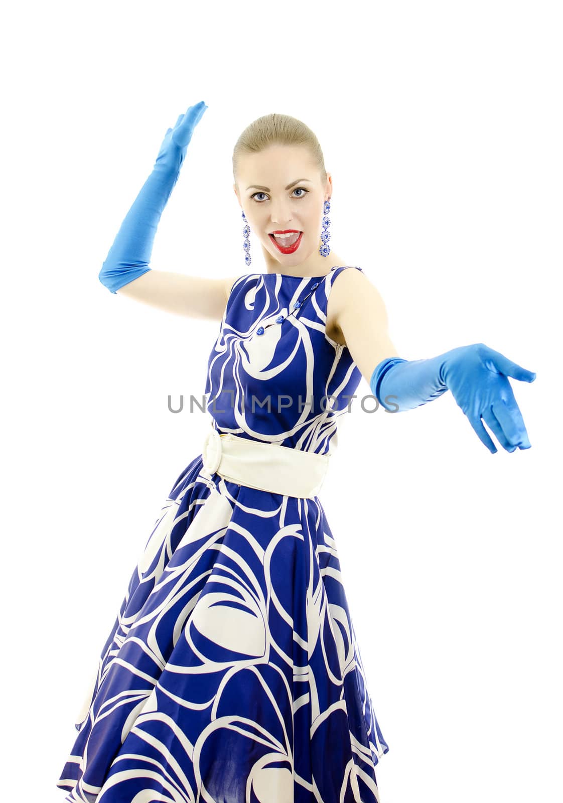 Woman in retro style having fun.  Isolated over white background.
