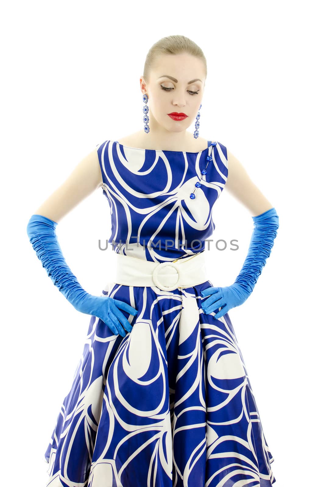 Woman in retro style looking down. Isolated over white background.