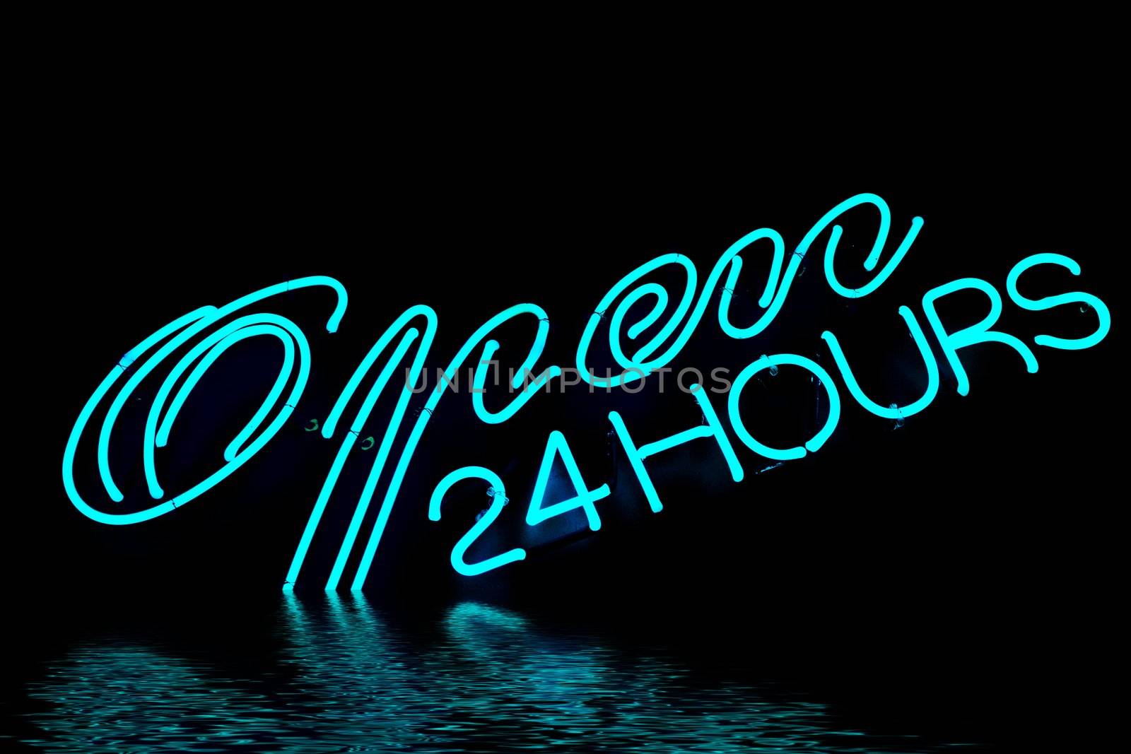 open bar restaurant 24 hours blue neon sign with water reflection