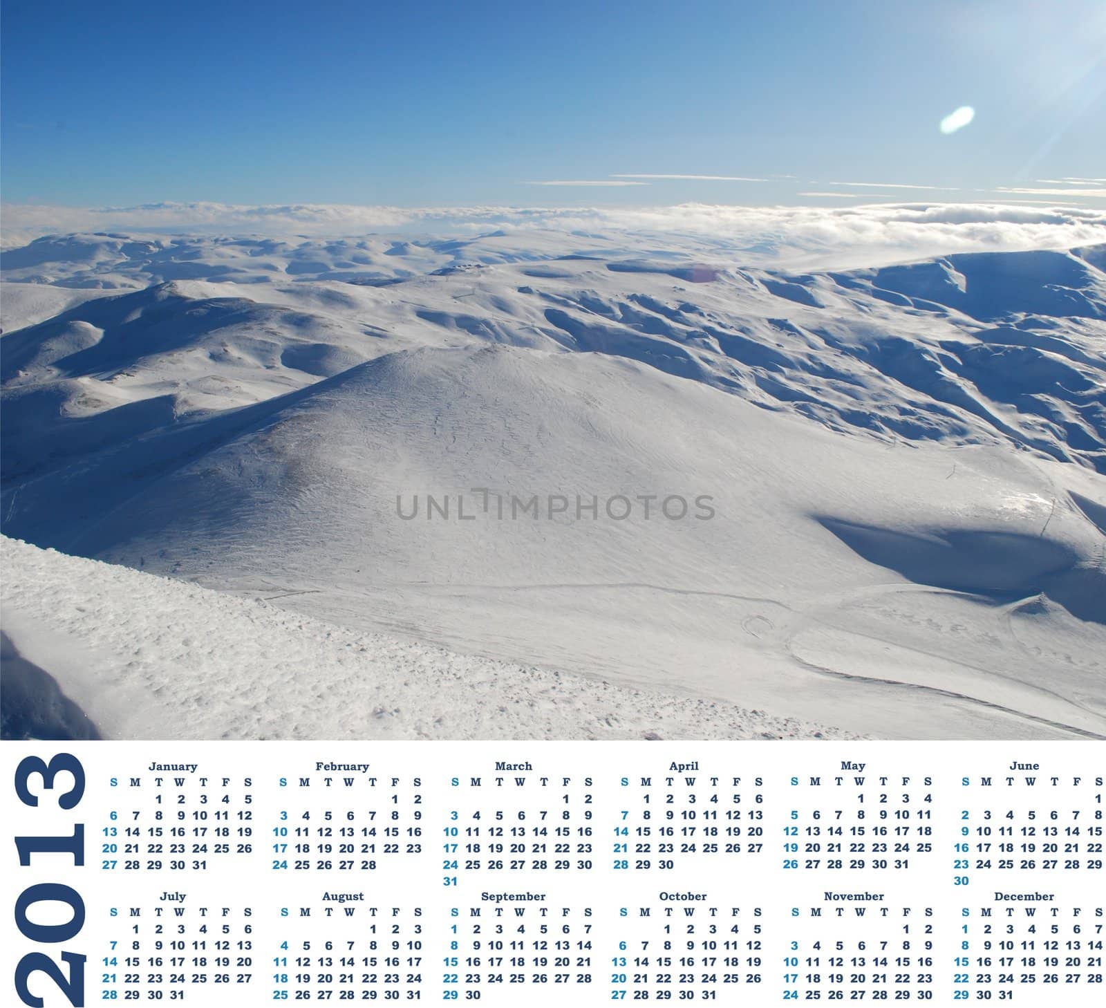  calendar 2013  with view of snow mountains in Turkey Palandoken Erzurum ski resort 