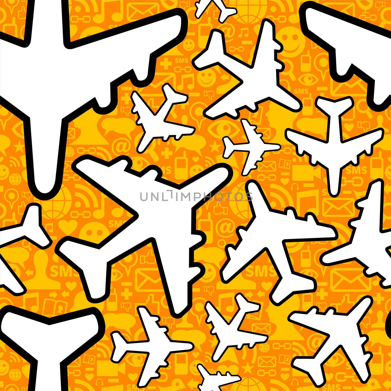 Social media networking in travel business. Airplane symbol pattern over icon set seamless pattern background. Vector file layered for easy manipulation and custom coloring.
