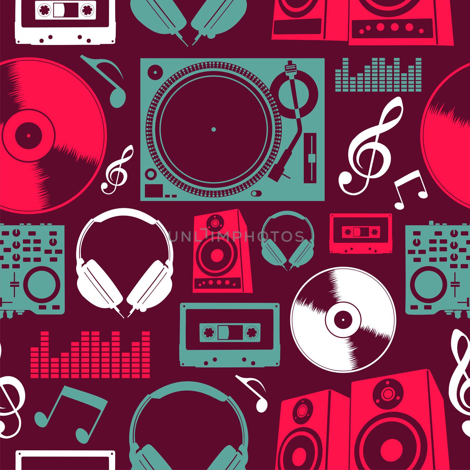 Dj icon set seamless pattern. Vector file layered for easy manipulation and custom coloring.