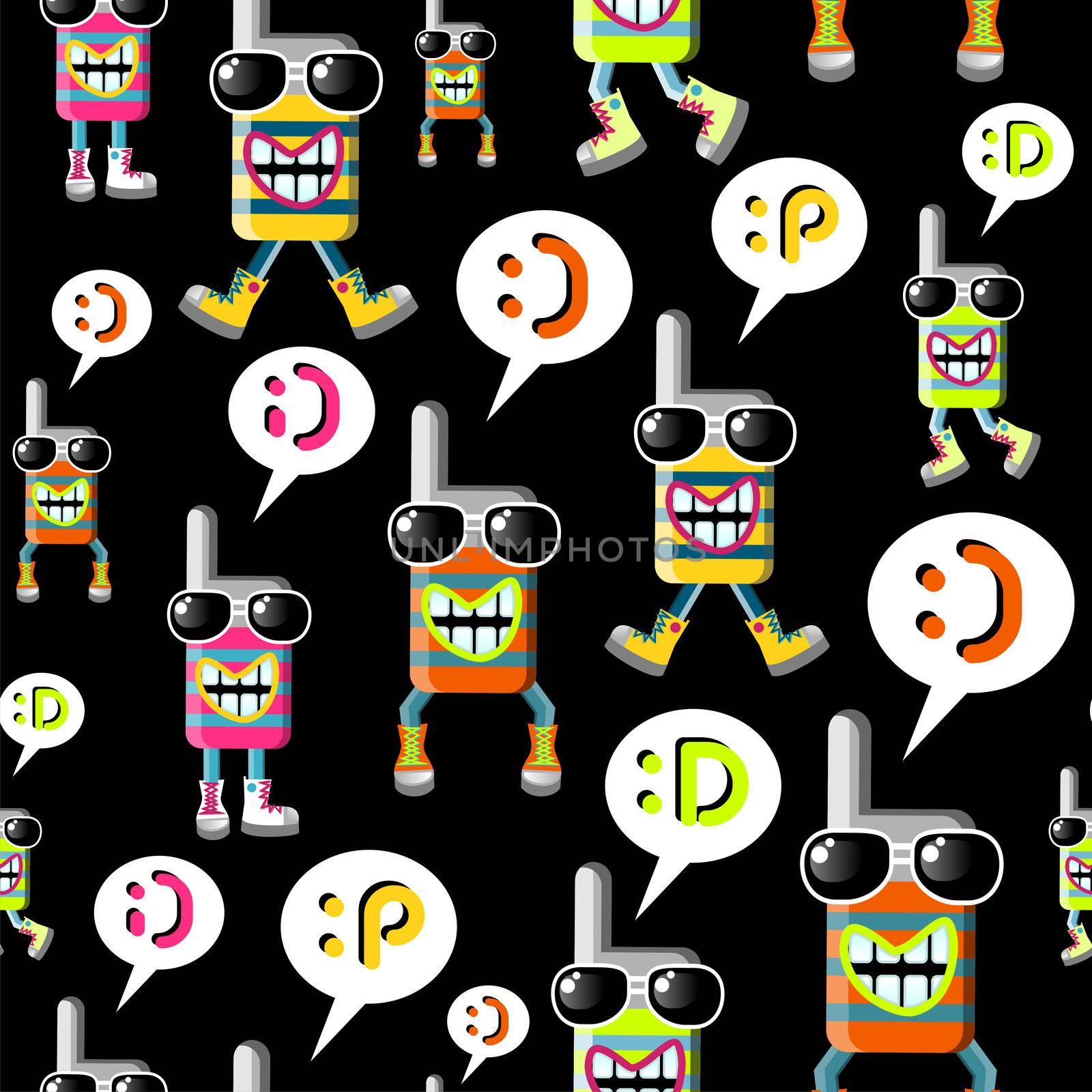 Group of funky MOBILE PHONES seamless pattern over black background. Vector file layered for easy manipulation and custom coloring.