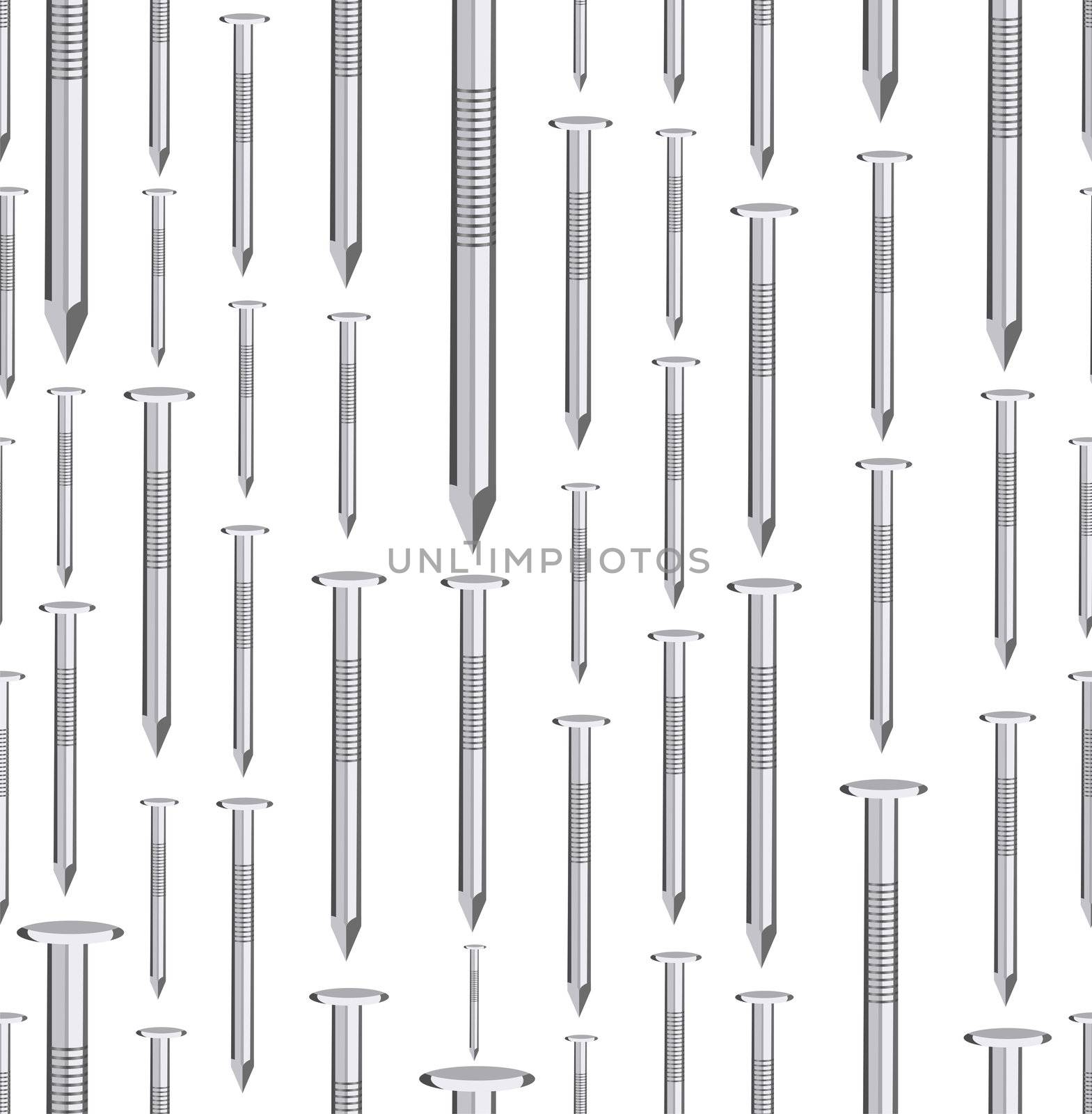 Seamless seamless pattern of steel nails over white background. Vector file layered for easy manipulation and custom coloring.