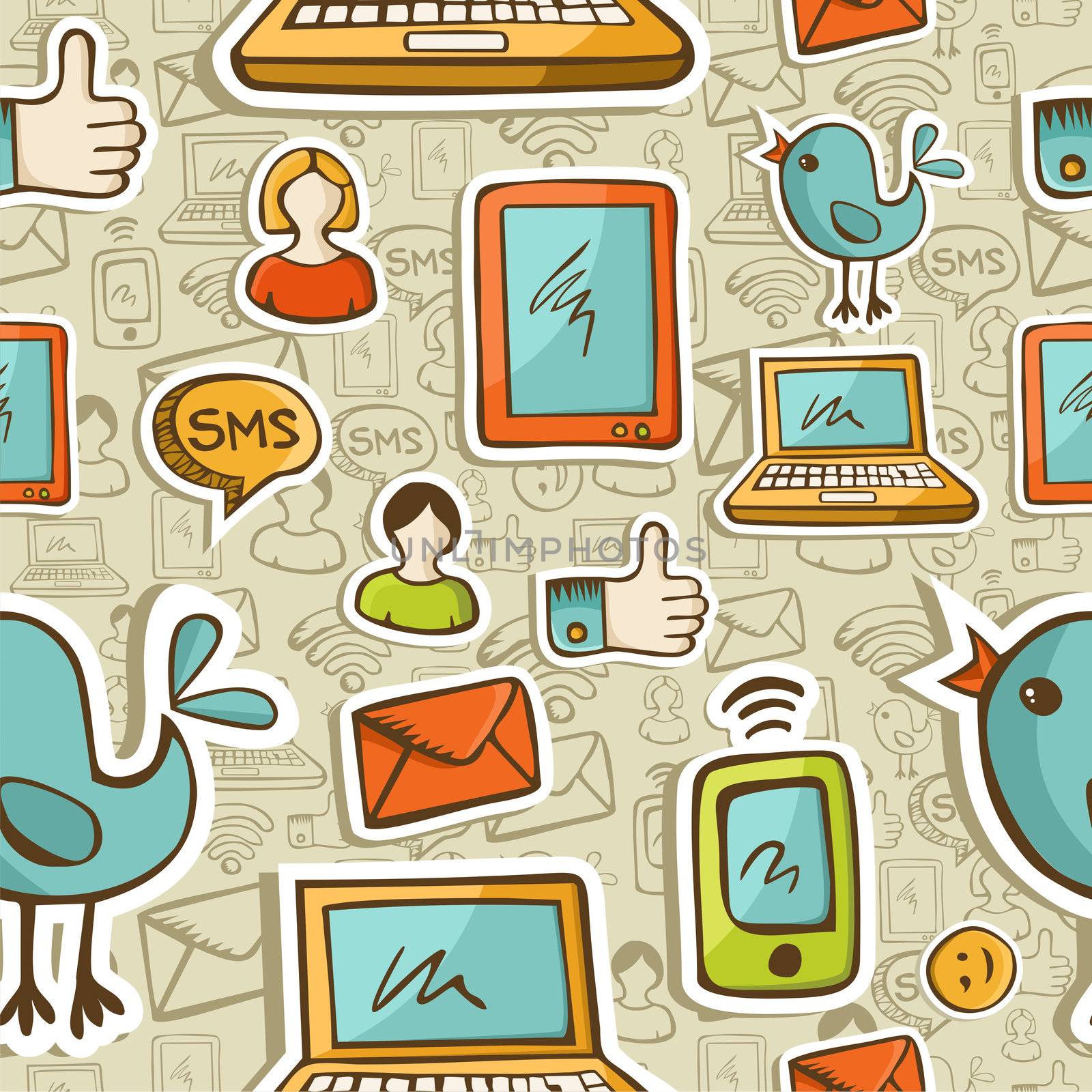 Social media cartoon icons colorful seamless pattern .Vector file layered for easy manipulation and custom coloring.