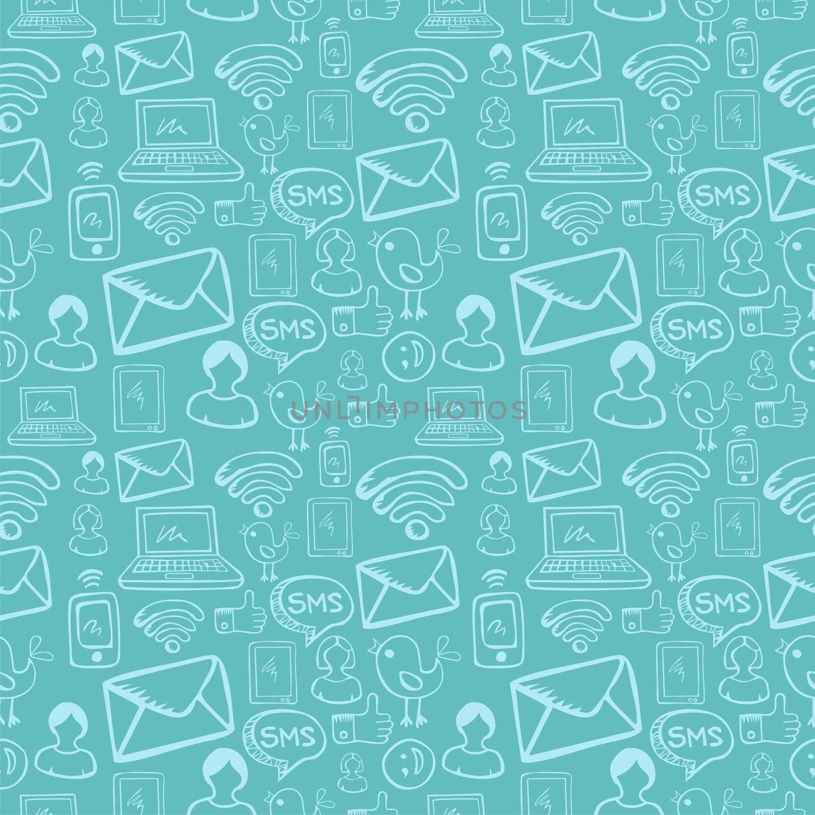 Social media cartoon icons seamless pattern over sky blue background. Vector file layered for easy manipulation and custom coloring.