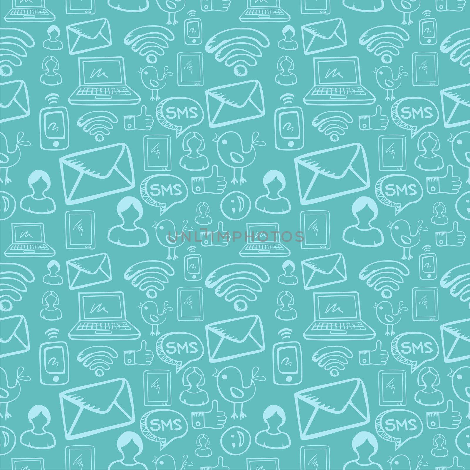 Social media cartoon icons seamless pattern over sky blue background. Vector file layered for easy manipulation and custom coloring.