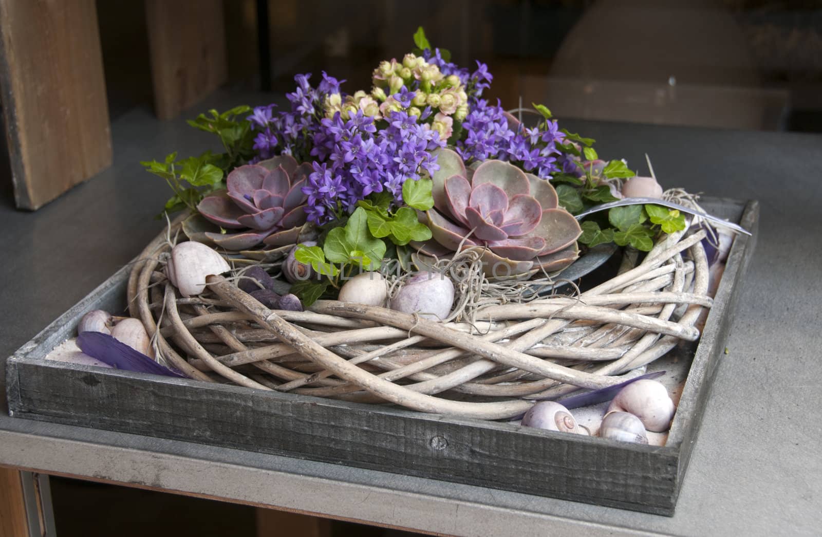 pink purple flower arangement with sedum and green leaves