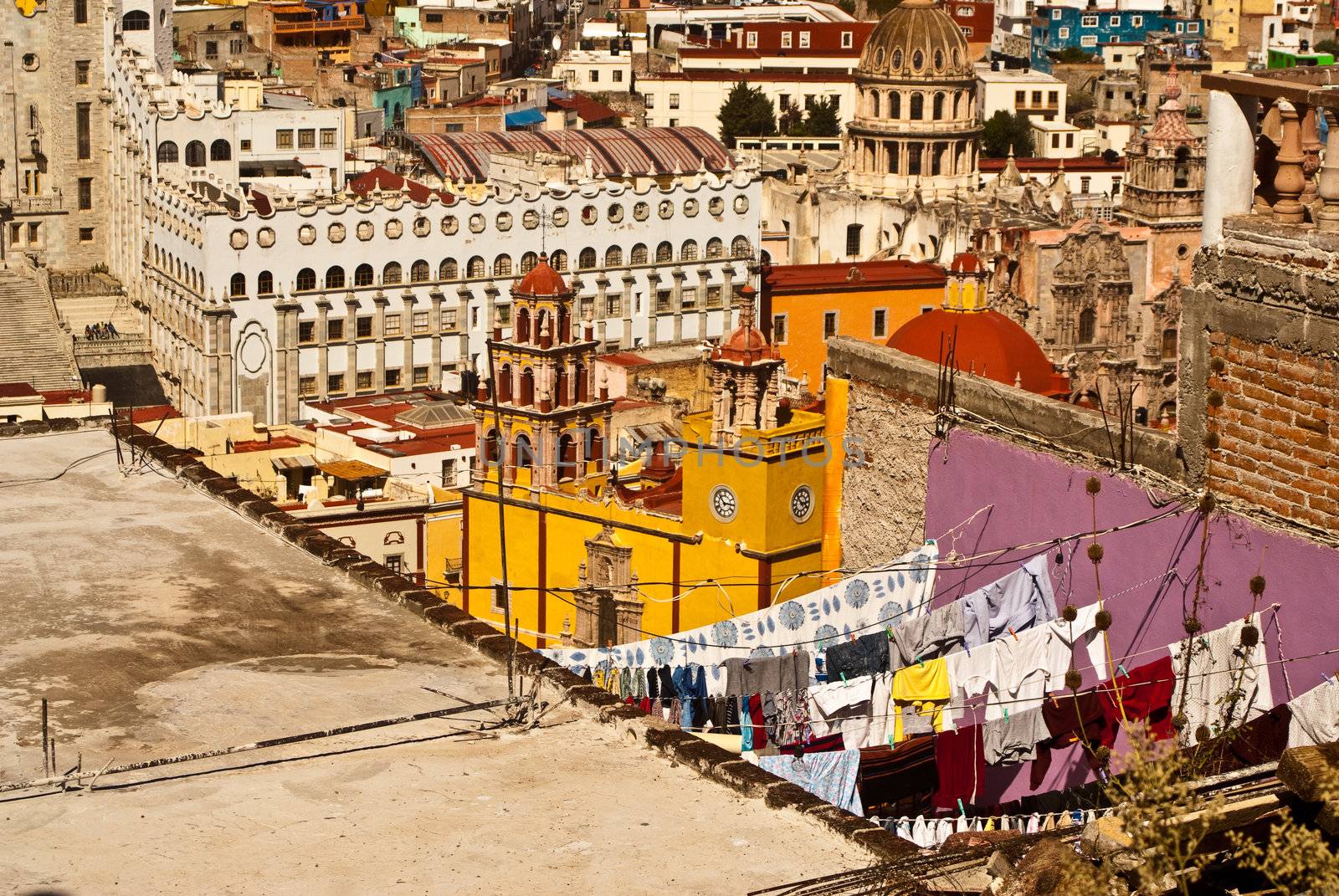 Traditional washing lines on rooftops Guanajuato Mexico