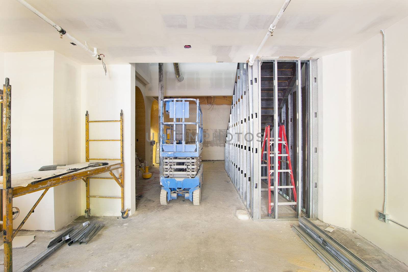 Drywall and Framing with Metal Studs in Commercial Space Construction Site