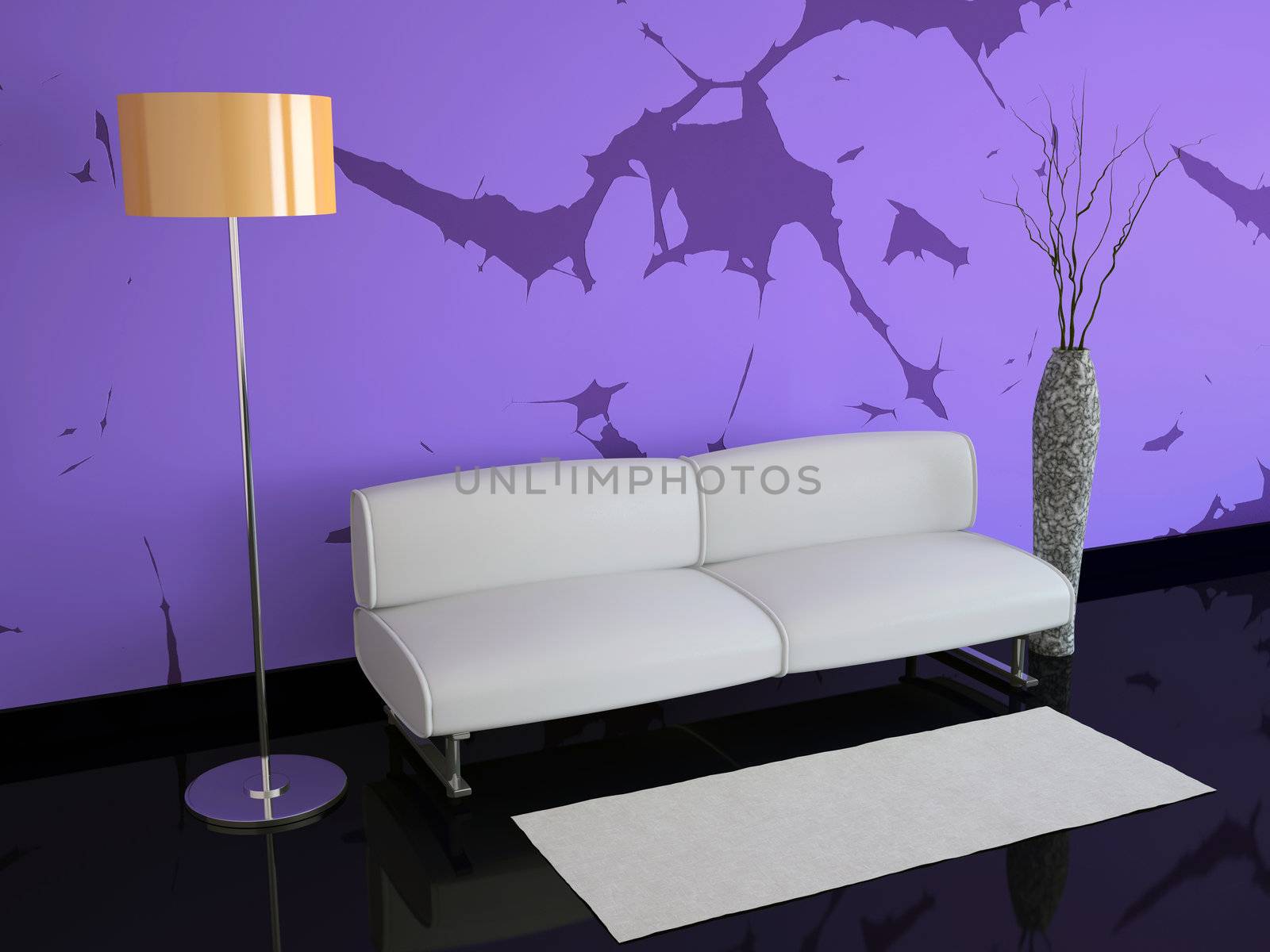 Room with violet walls and an orange floor lamp