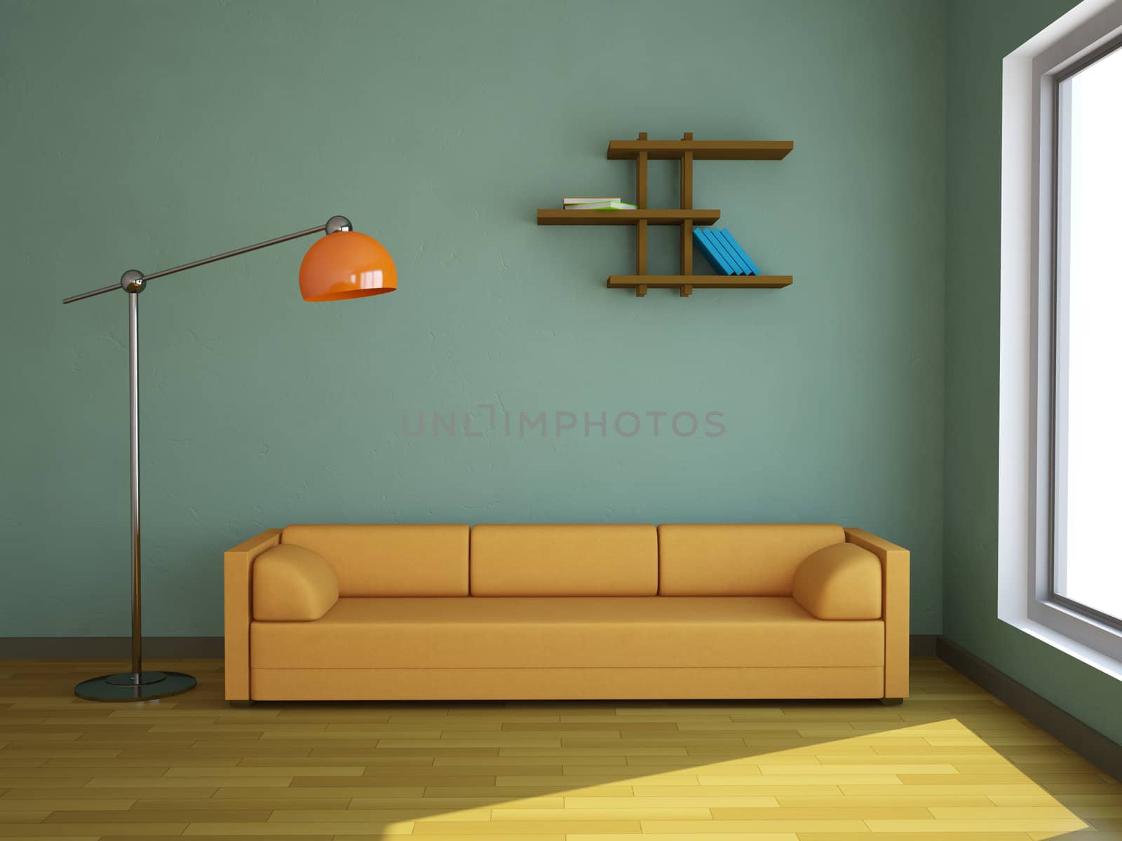 Interior with a yellow sofa and a lamp
