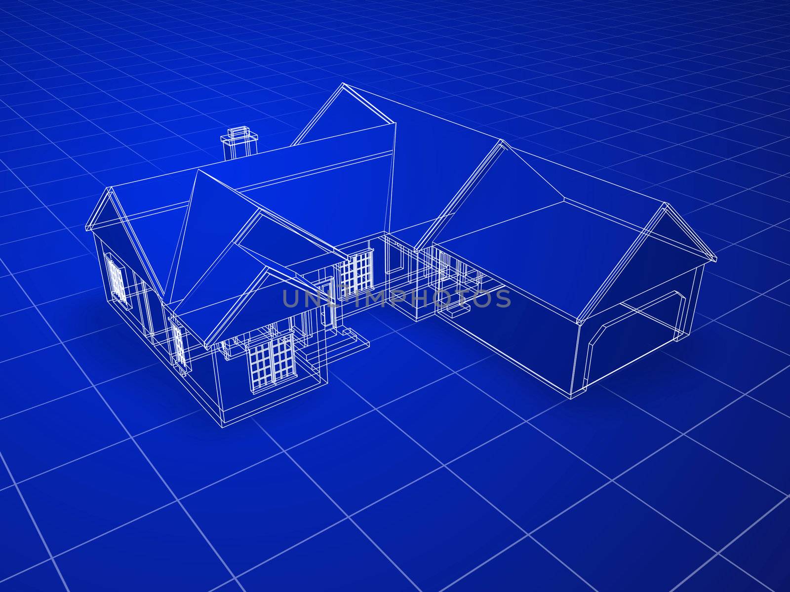 Blueprint style 3D rendered house. White outlines on blue background.