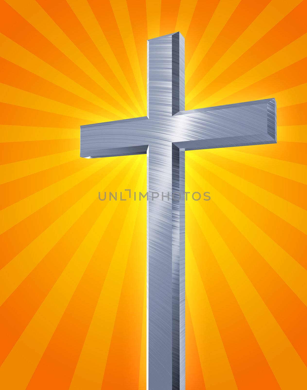 brushed metal christian cross casting an orange burst of rays 