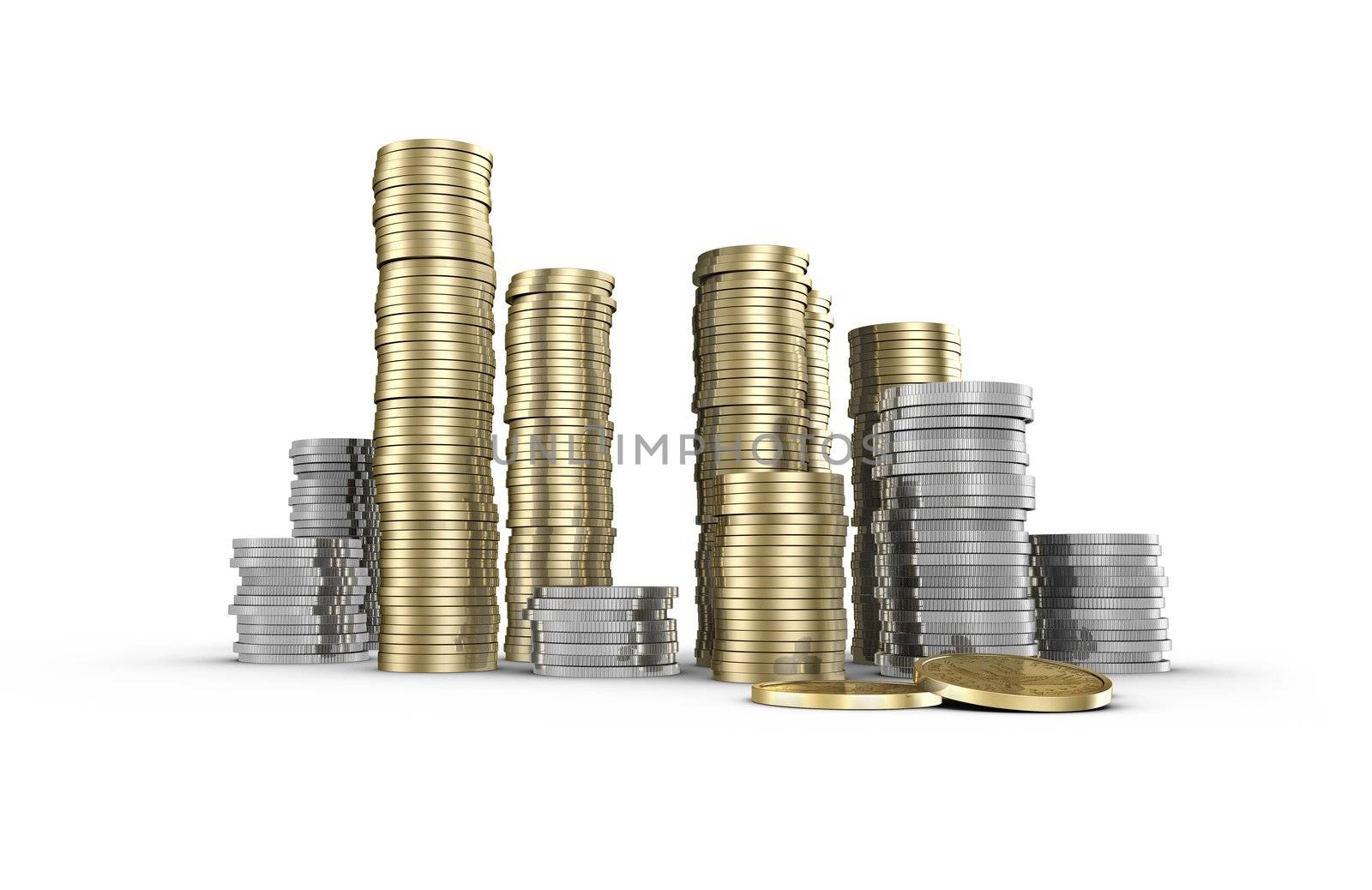 stacked up dollar coins isolated on white