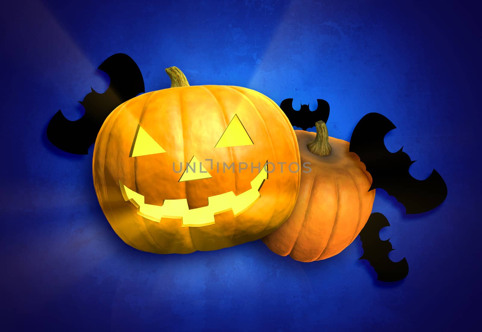 Jack-o-lantern, pumpkin and bat ornaments on blue grungy Halloween background 