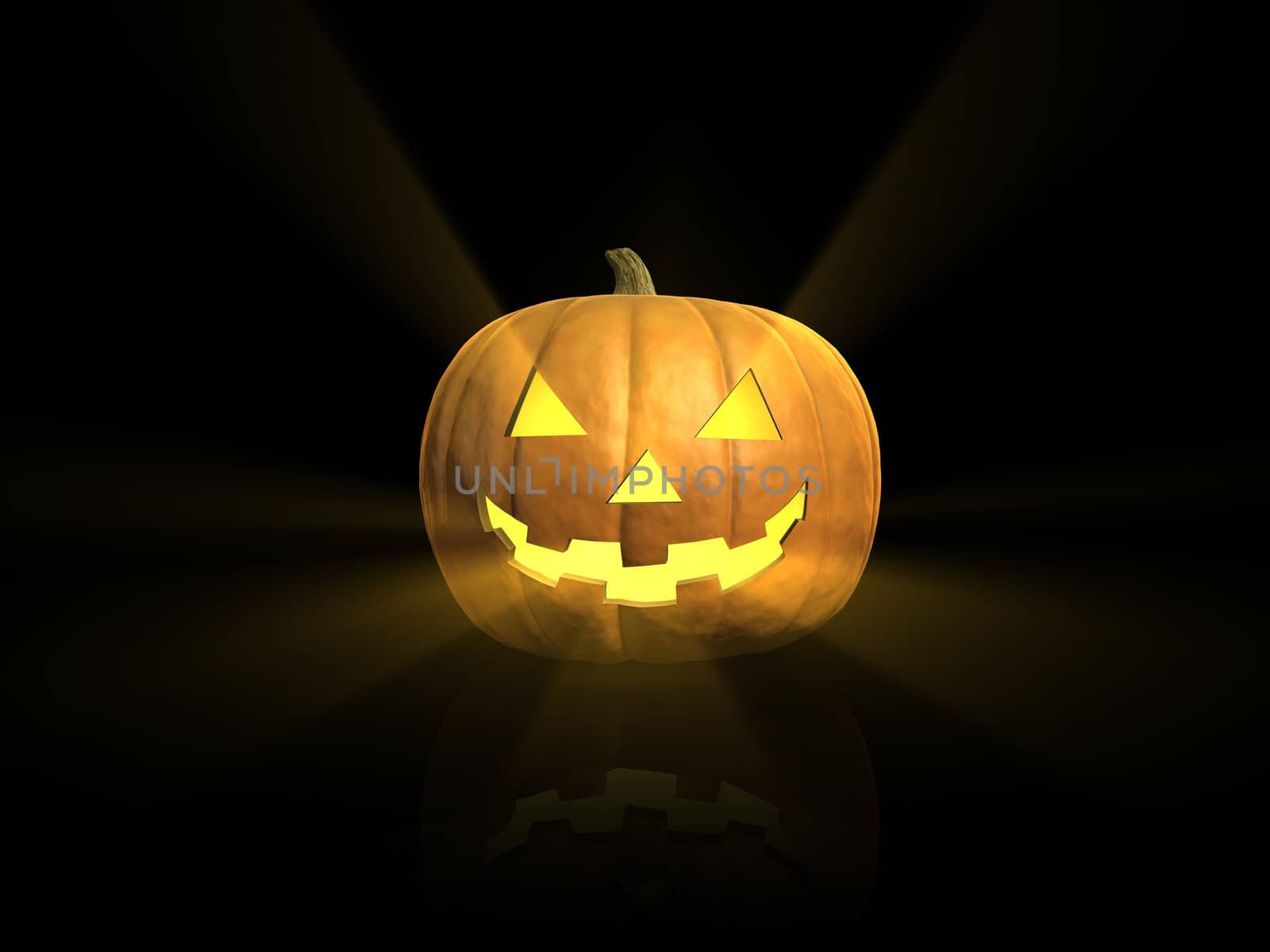 Jack-o-lantern pumpkin with rays of light coming out of its face isolated on black with reflection