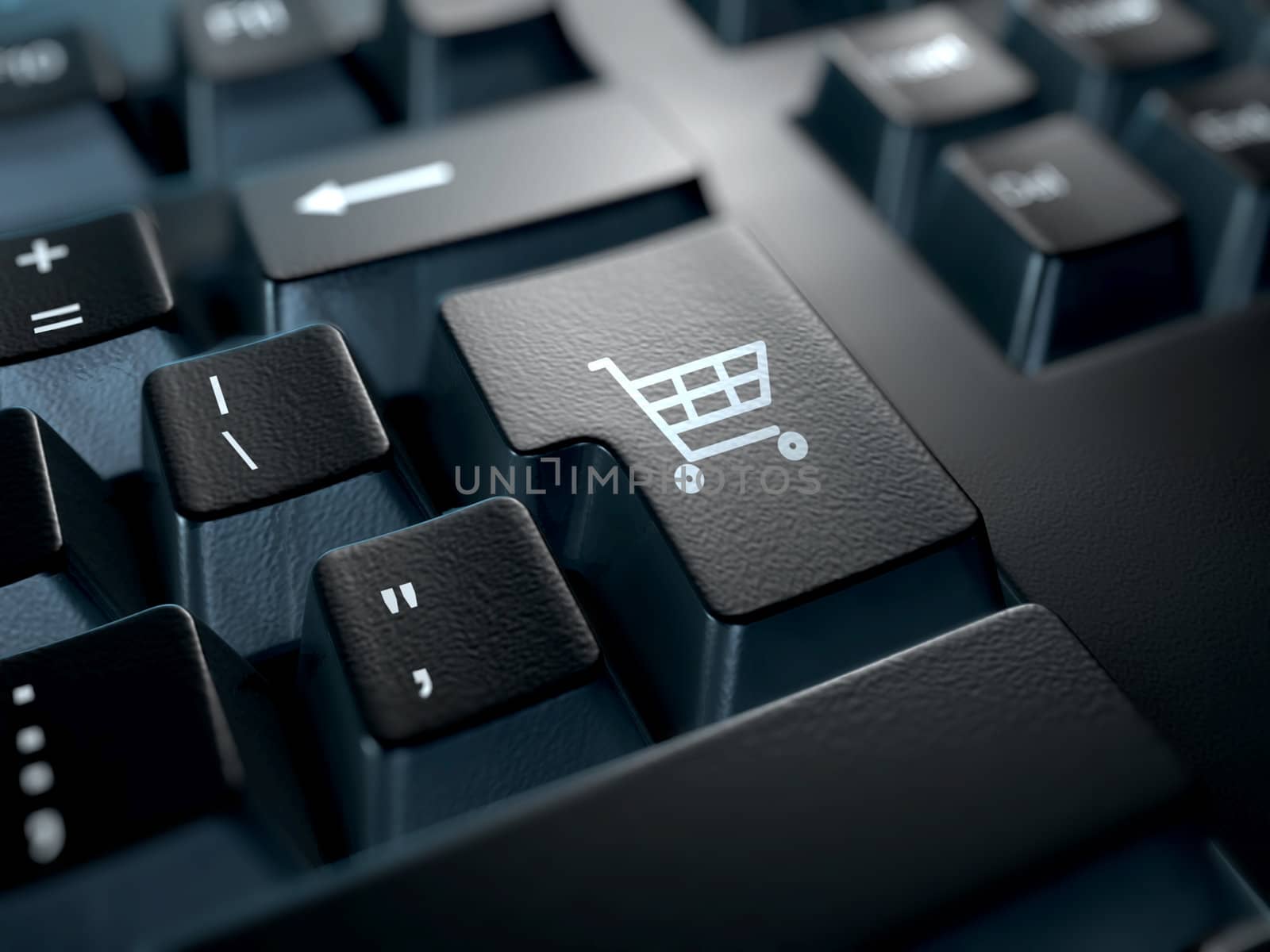 close-up of a keyboard with the enter key replaced with a shopping cart icon. E-commerce concept
