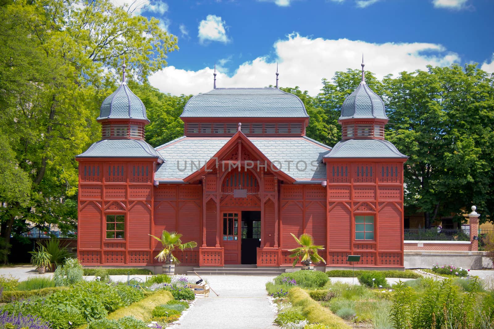 Croatian capital of Zagreb botanical garden red wooden public pavilion