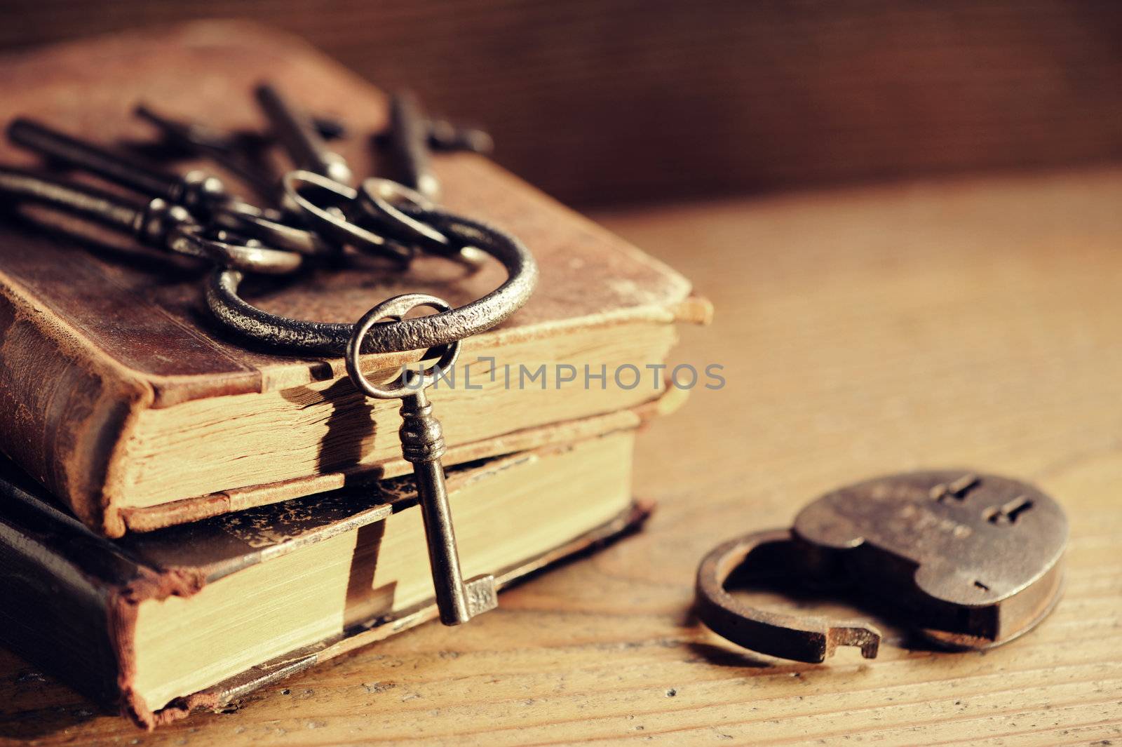 old keys on a old book, antique wood background by stokkete