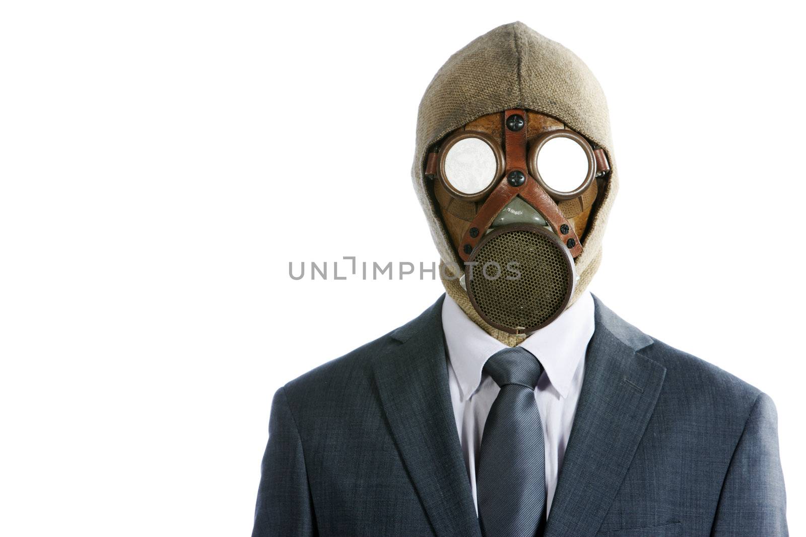 portrait of businessman in a gas mask by stokkete