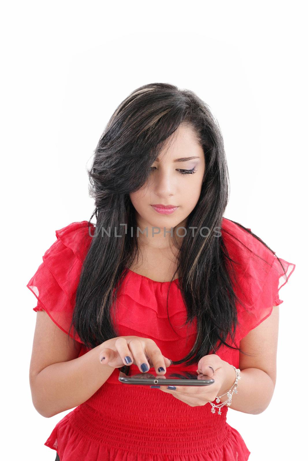 business woman with tablet computer. Isolated over white background