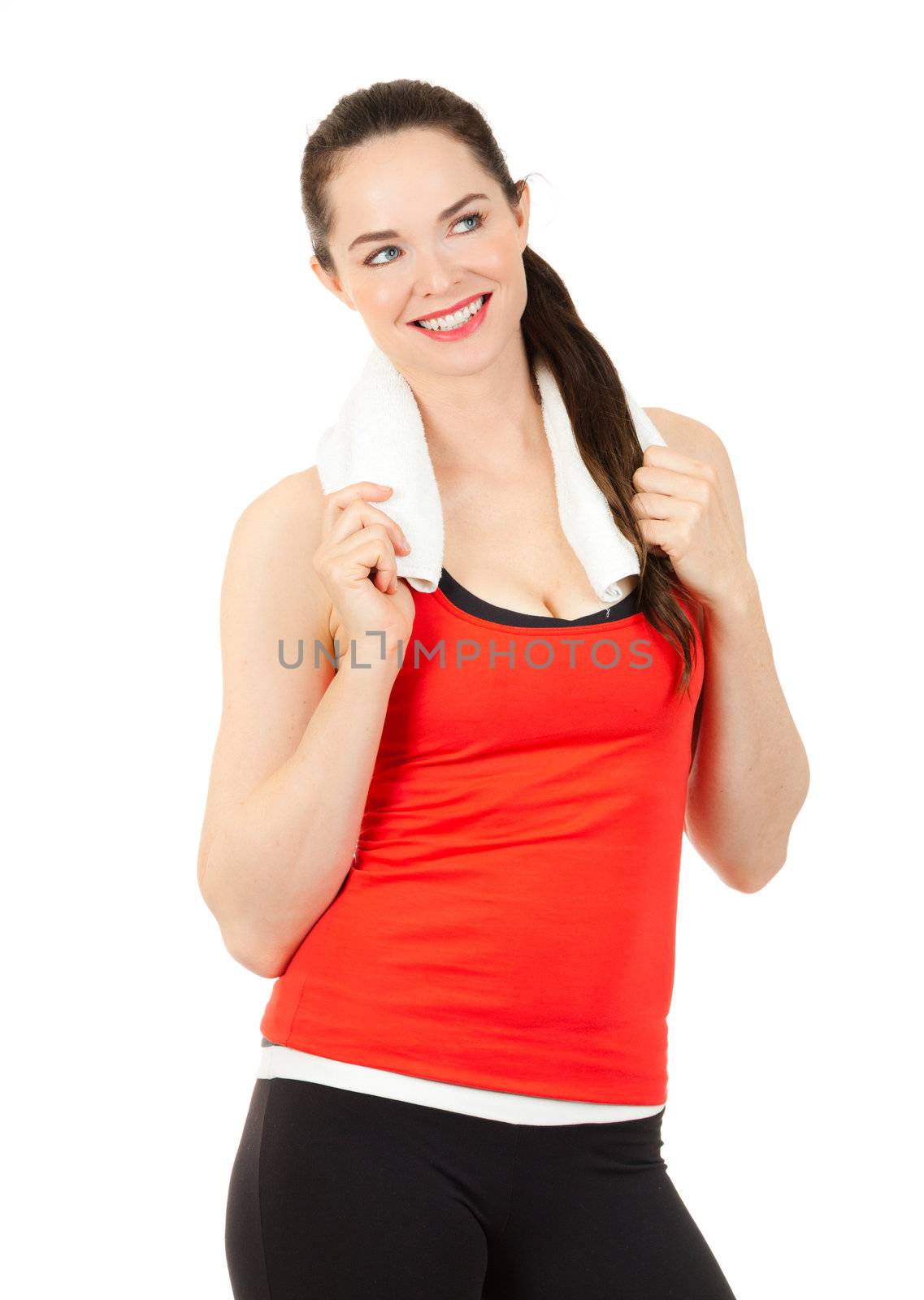Fit happy woman holding towel by Jaykayl