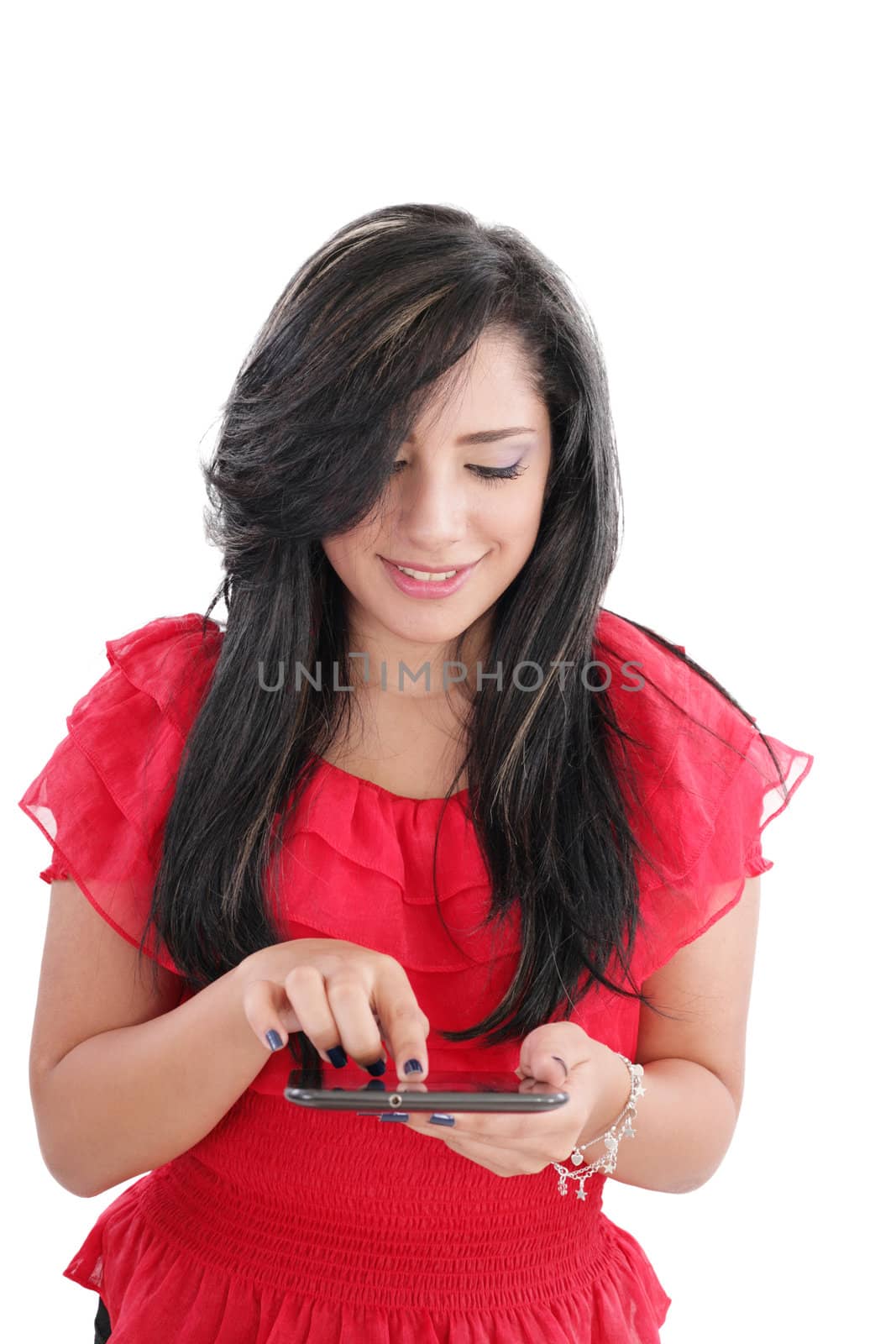 Young smiling business woman with tablet computer. Isolated on white background.