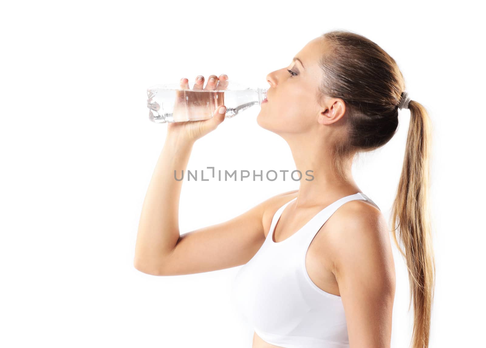 young woman drinking water, on white background