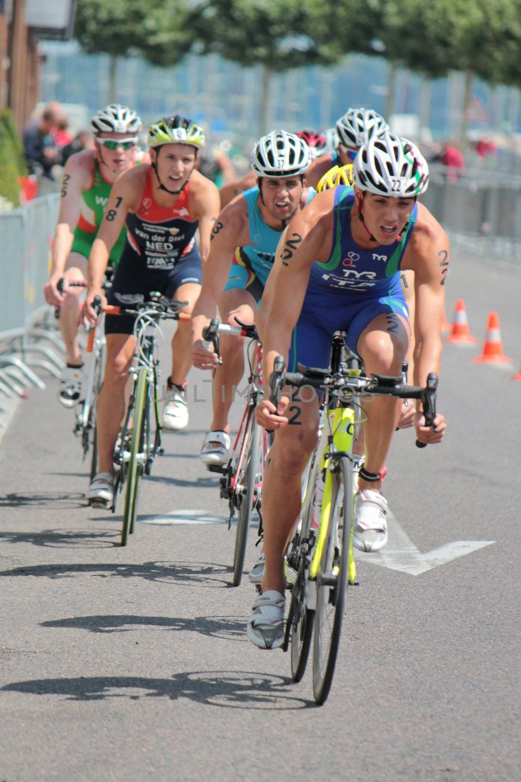 Group of male cyclists at the 2012 International Geneva Triathlon in Geneva, Switzerland.