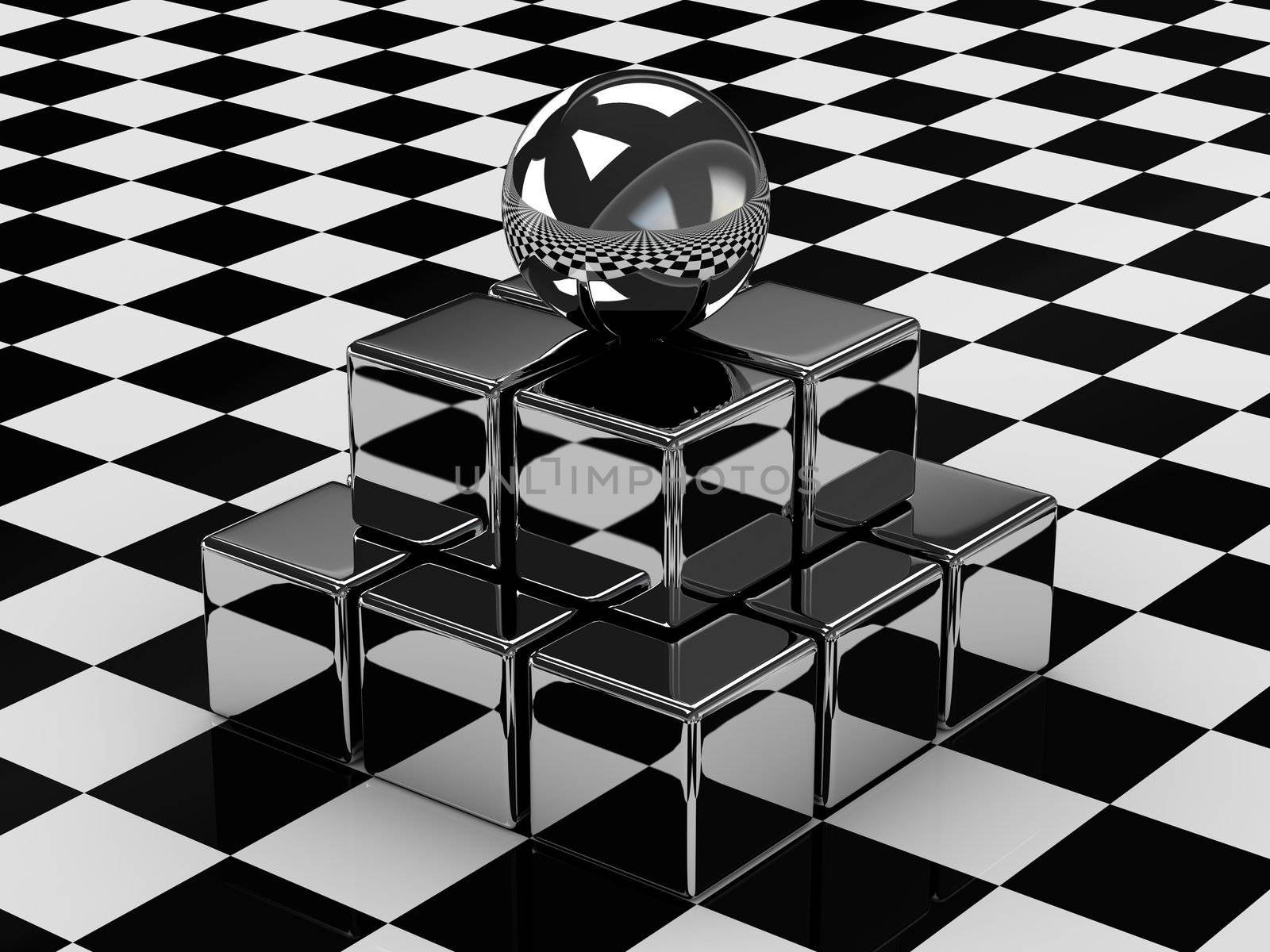 The metallic ball on the metallic cubes