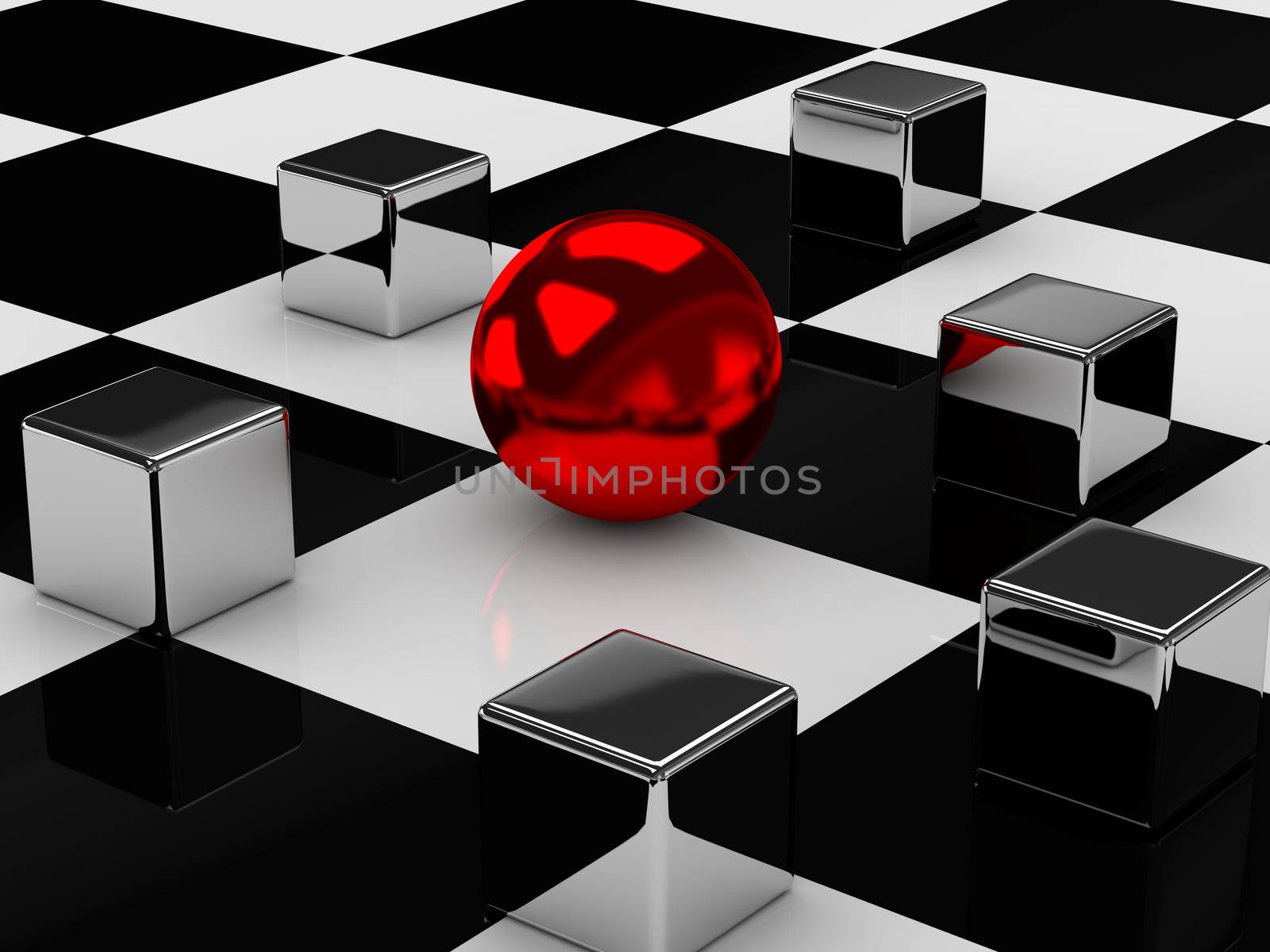 The metal cubes and ball on a tiled surface
