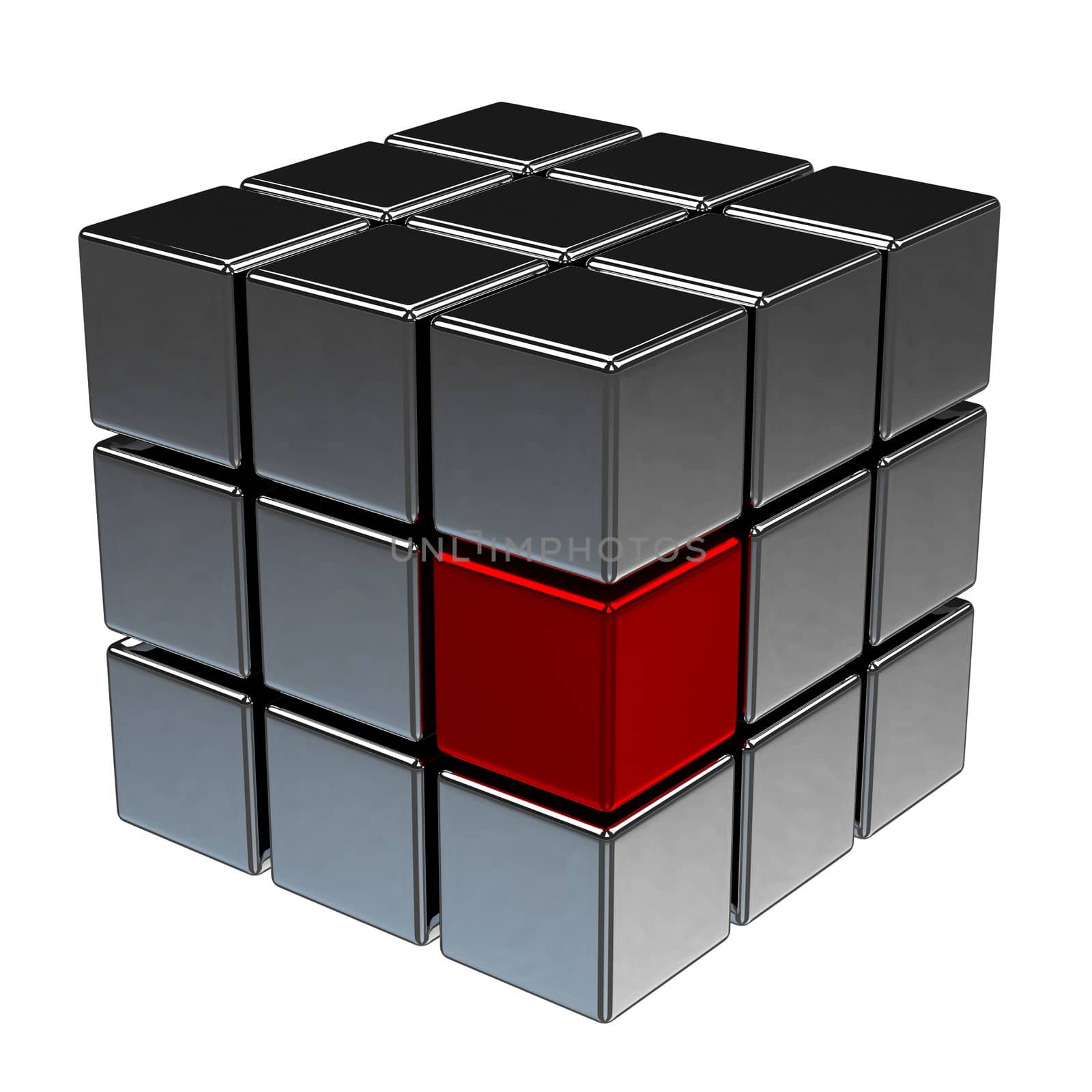 One red cube between the black cubes