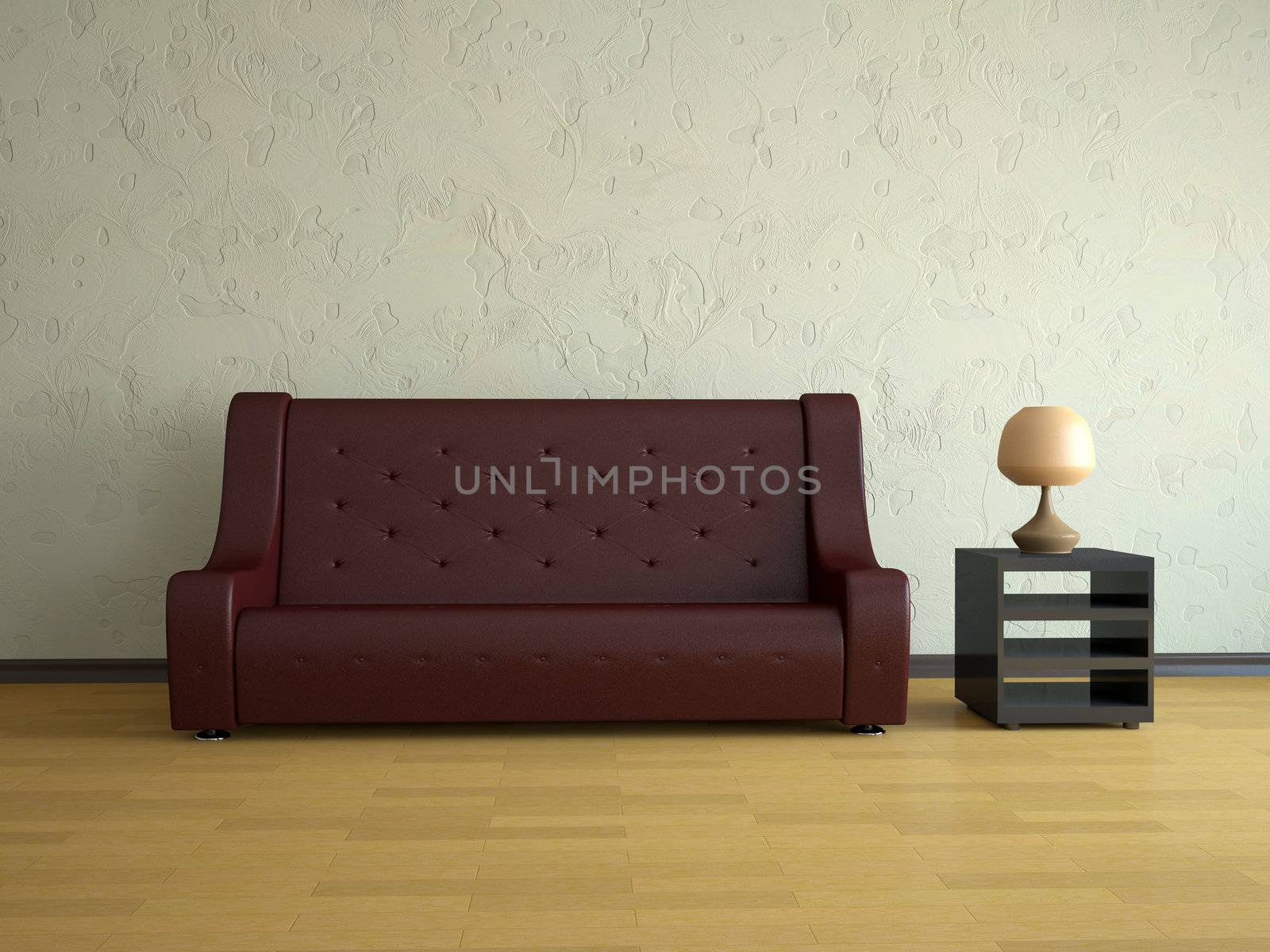 Interior of a room with a red  leather sofa 