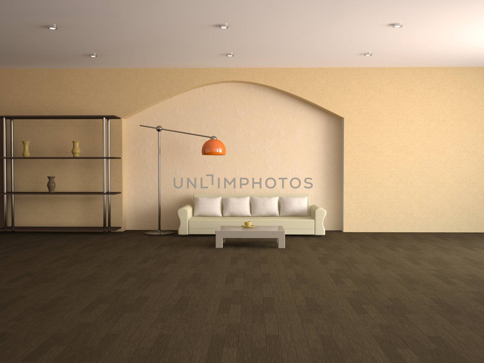 Interior of a room with a sofa and table