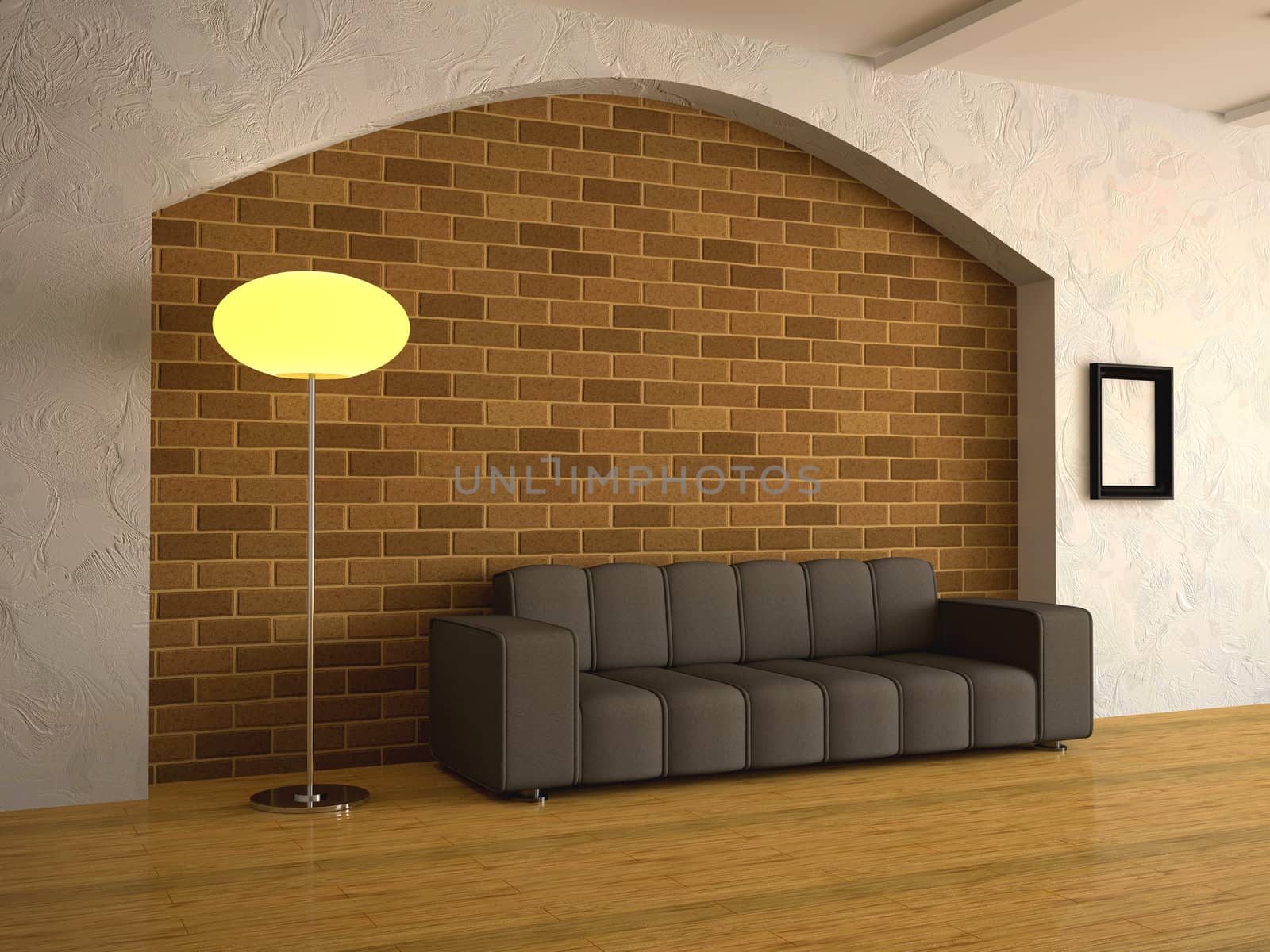 Interior of a room with a sofa and a floor lamp