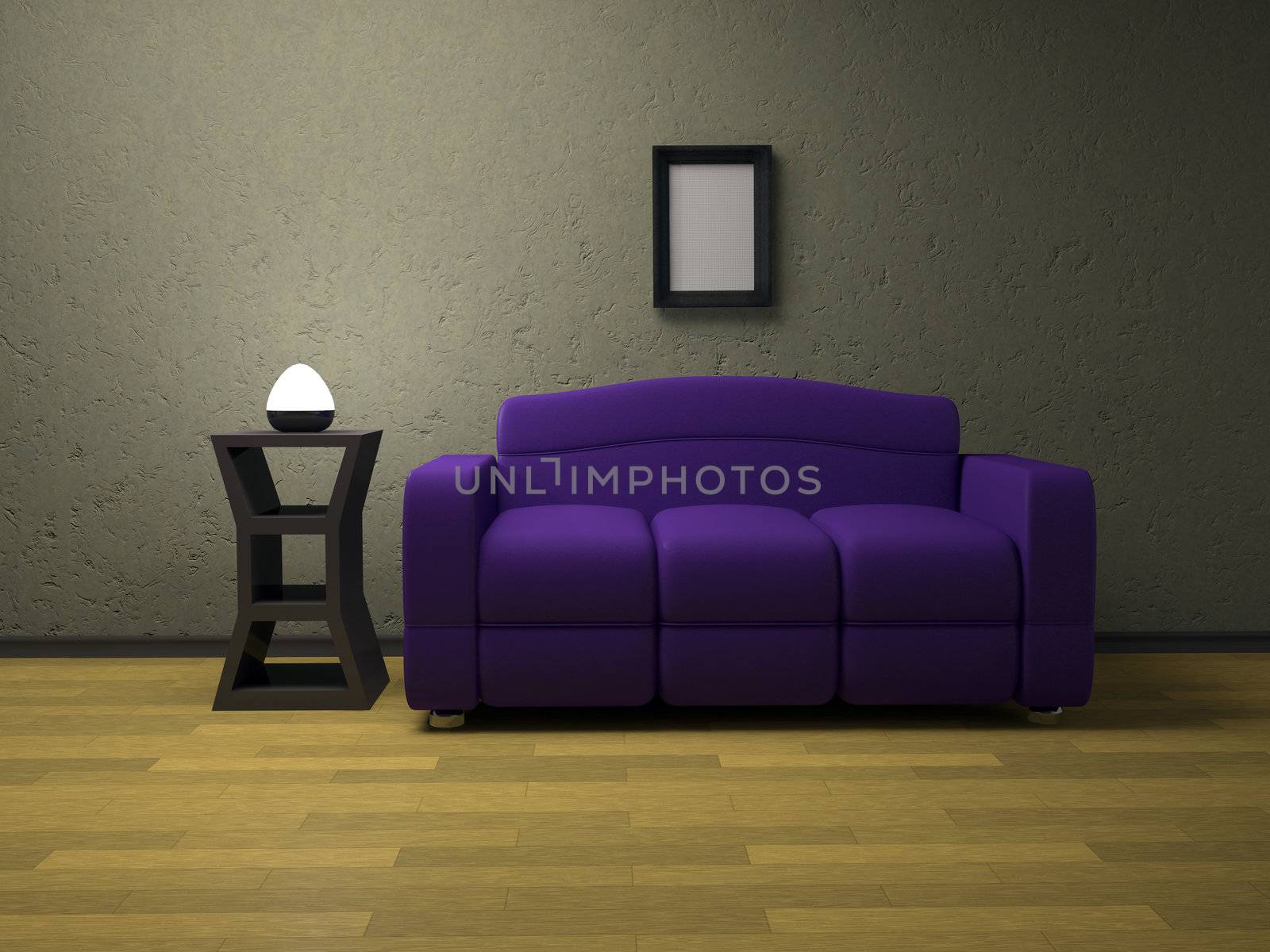 Interior of a room with a sofa and the lamp