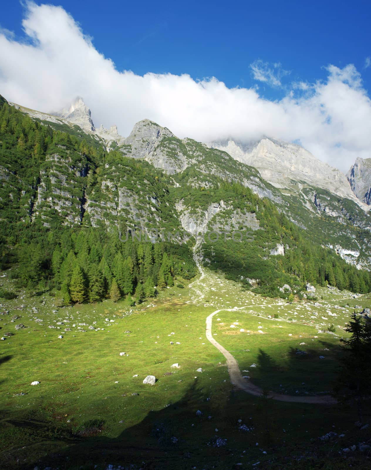 Stitched panorama of a beautiful valley in the mountains