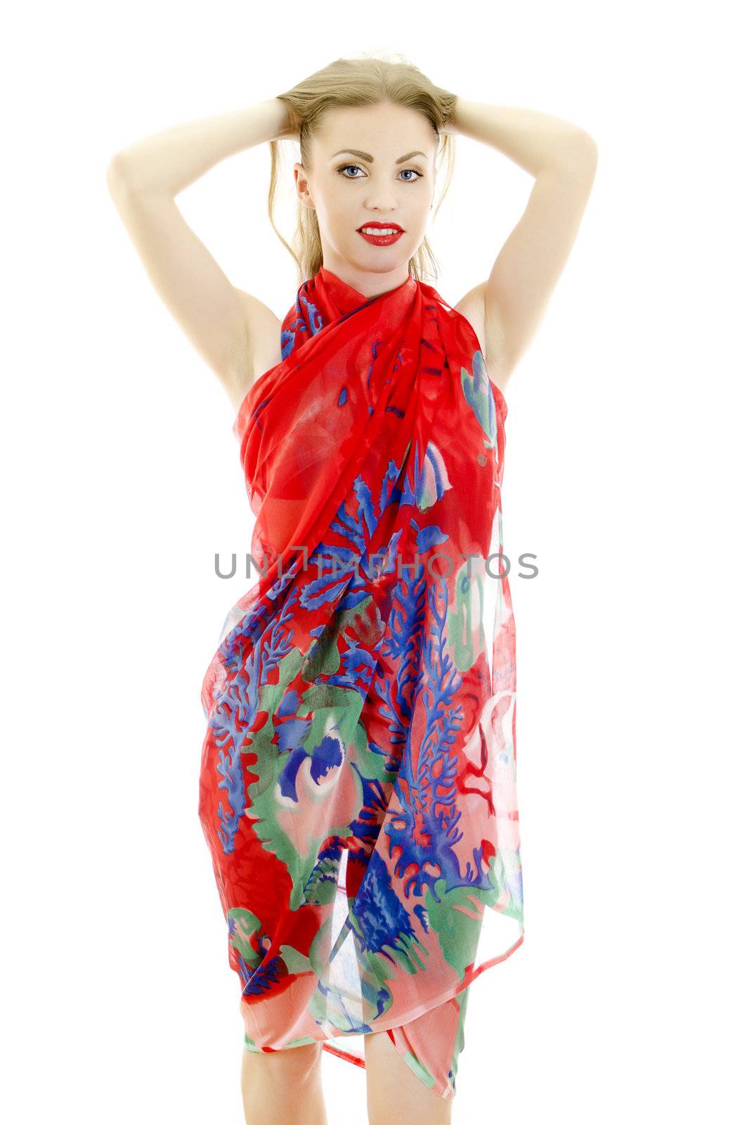 Pretty girl posing in pareo. isolated on white.